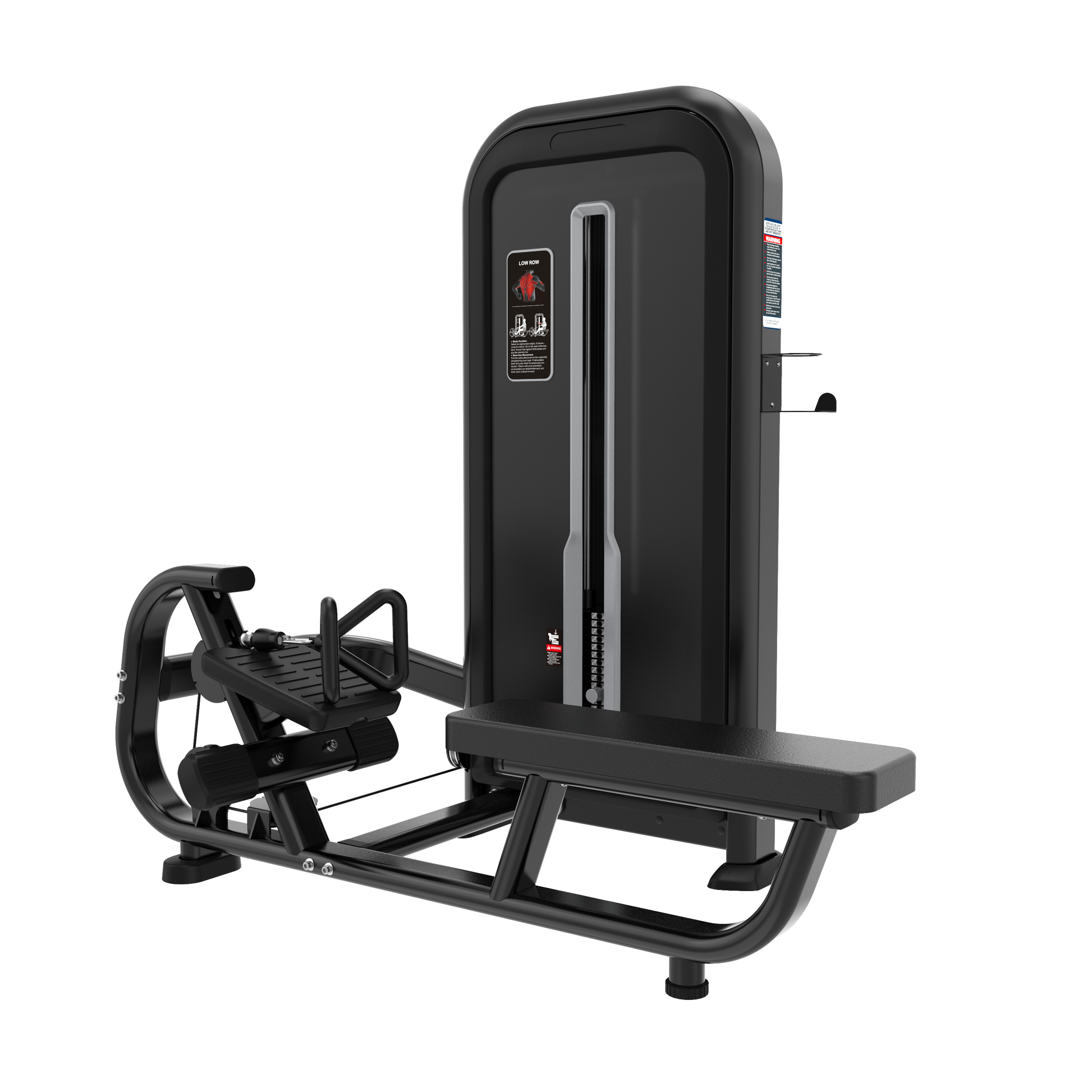 The BefitNow Canada Low Row is a black seated rowing machine with a padded seat, footrests, and a weight stack, designed for strength training in the gym.