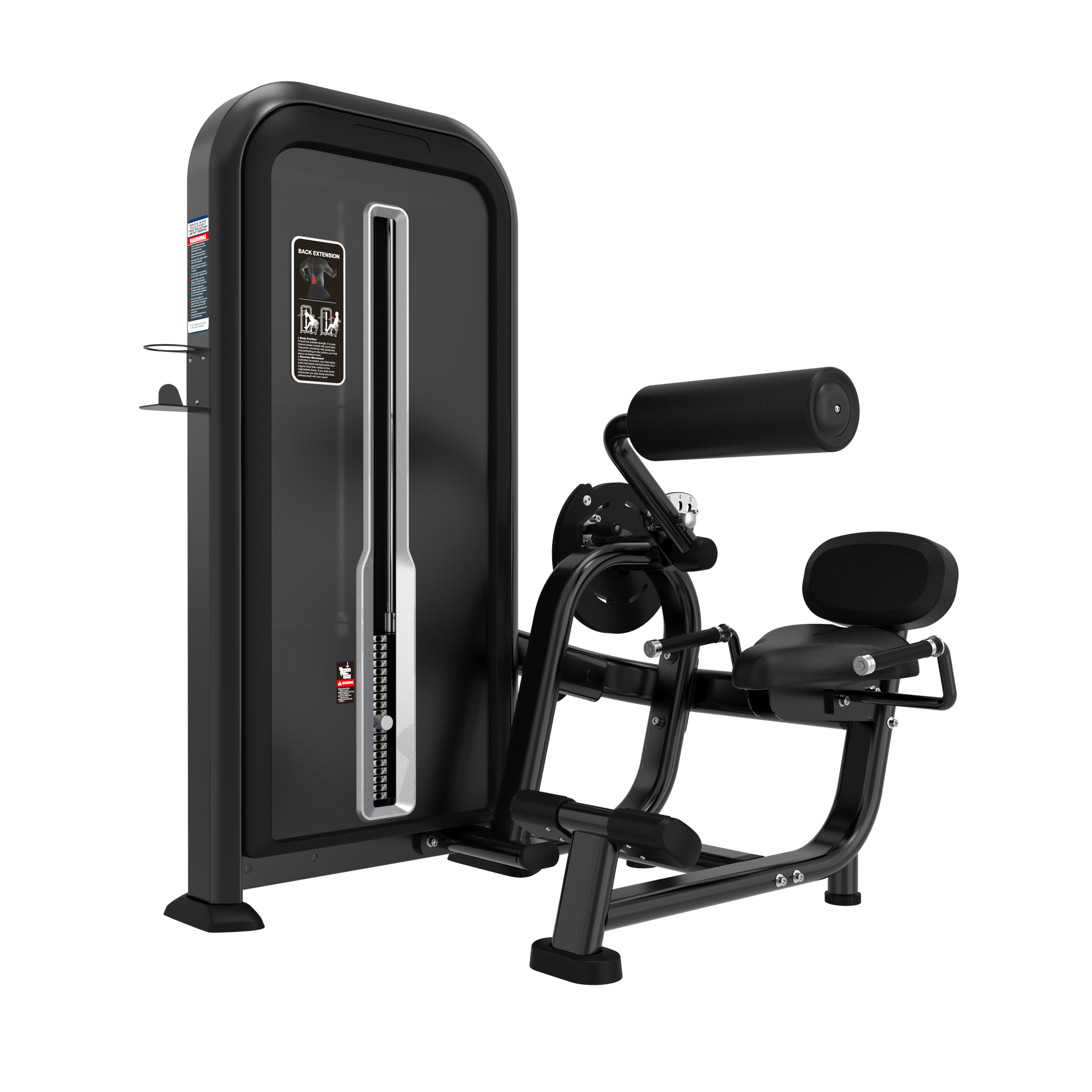The BefitNow Canada Back Extension is a black and silver gym machine with a padded seat, backrest, leg pad, adjustable weight stack, and instructional panel. Its compact design ensures efficient use for back extension exercises in any gym.