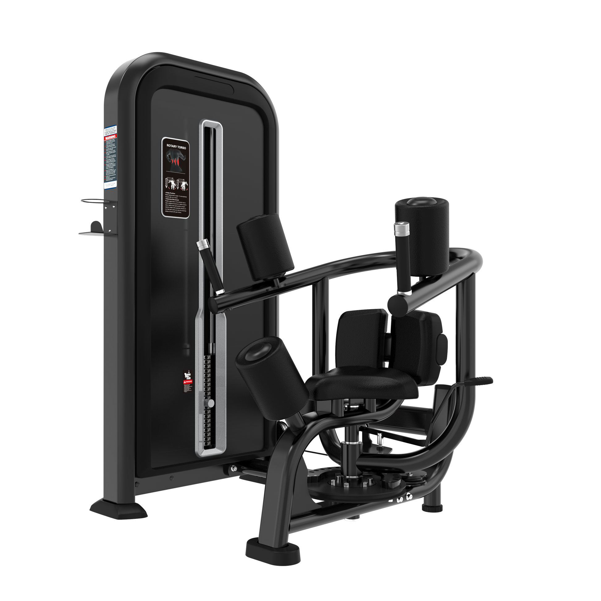 The BefitNow Canada Rotary Torso is a black and silver seated gym machine with padded seats, adjustable weights, a weight stack, and levers for resistance training. Dimensions provided ensure it fits perfectly in your workout space.