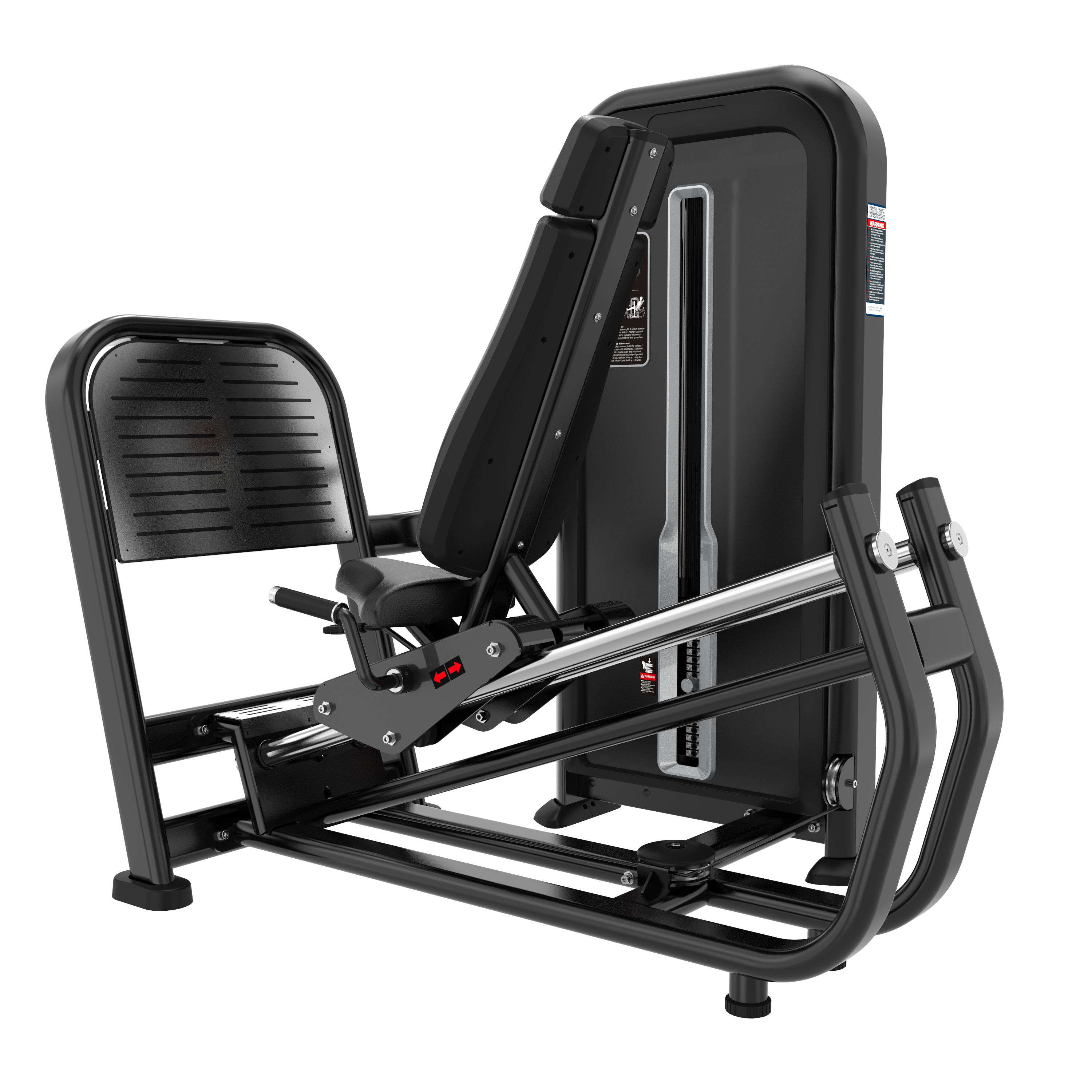 The BefitNow Canada Leg Press features a black and silver design, padded backrest and seat, wide footplate, and adjustable weight stack. Its compact size makes it ideal for efficient gym workouts.