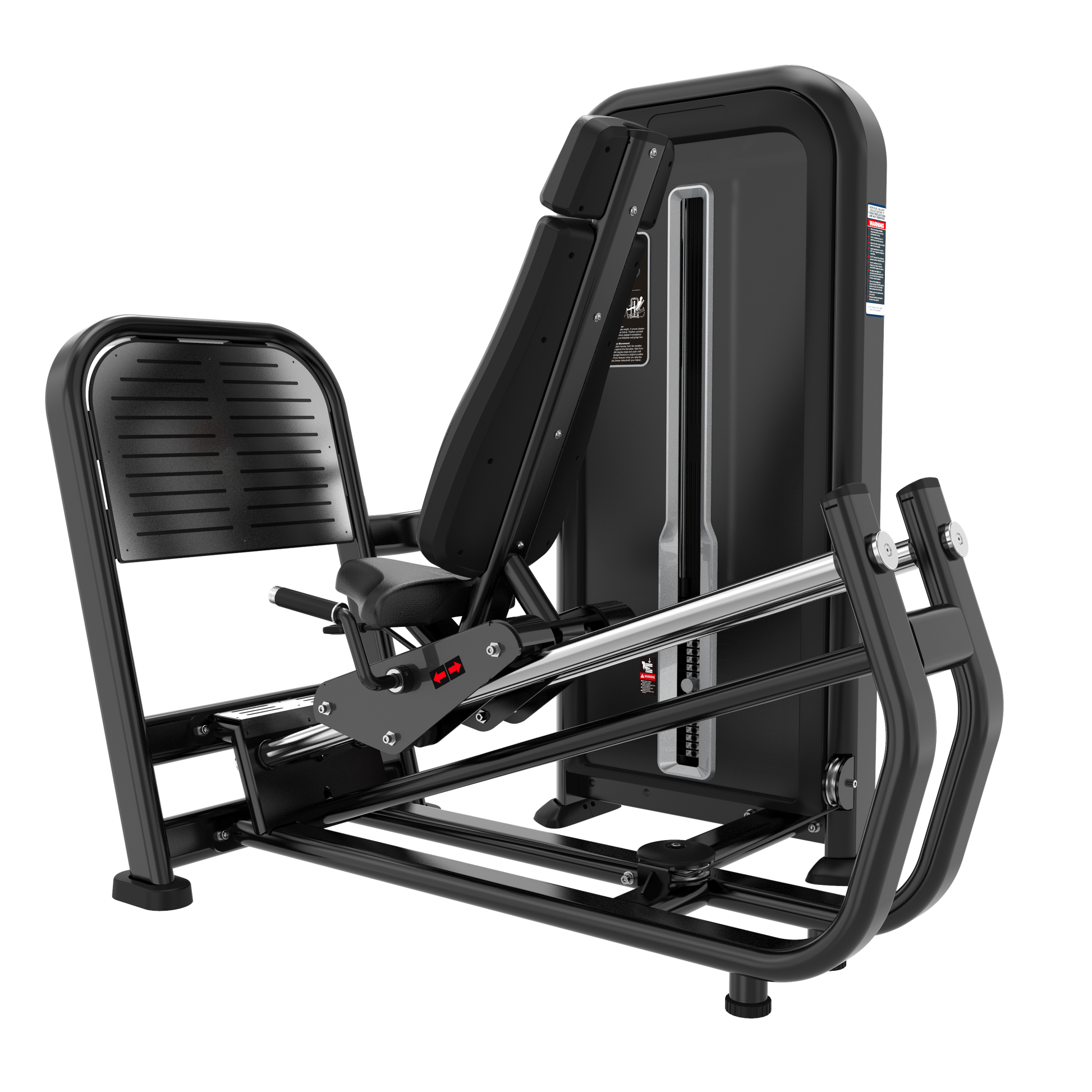 The BefitNow Canada Leg Press features a black and silver design, padded backrest and seat, wide footplate, and adjustable weight stack. Its compact size makes it ideal for efficient gym workouts.