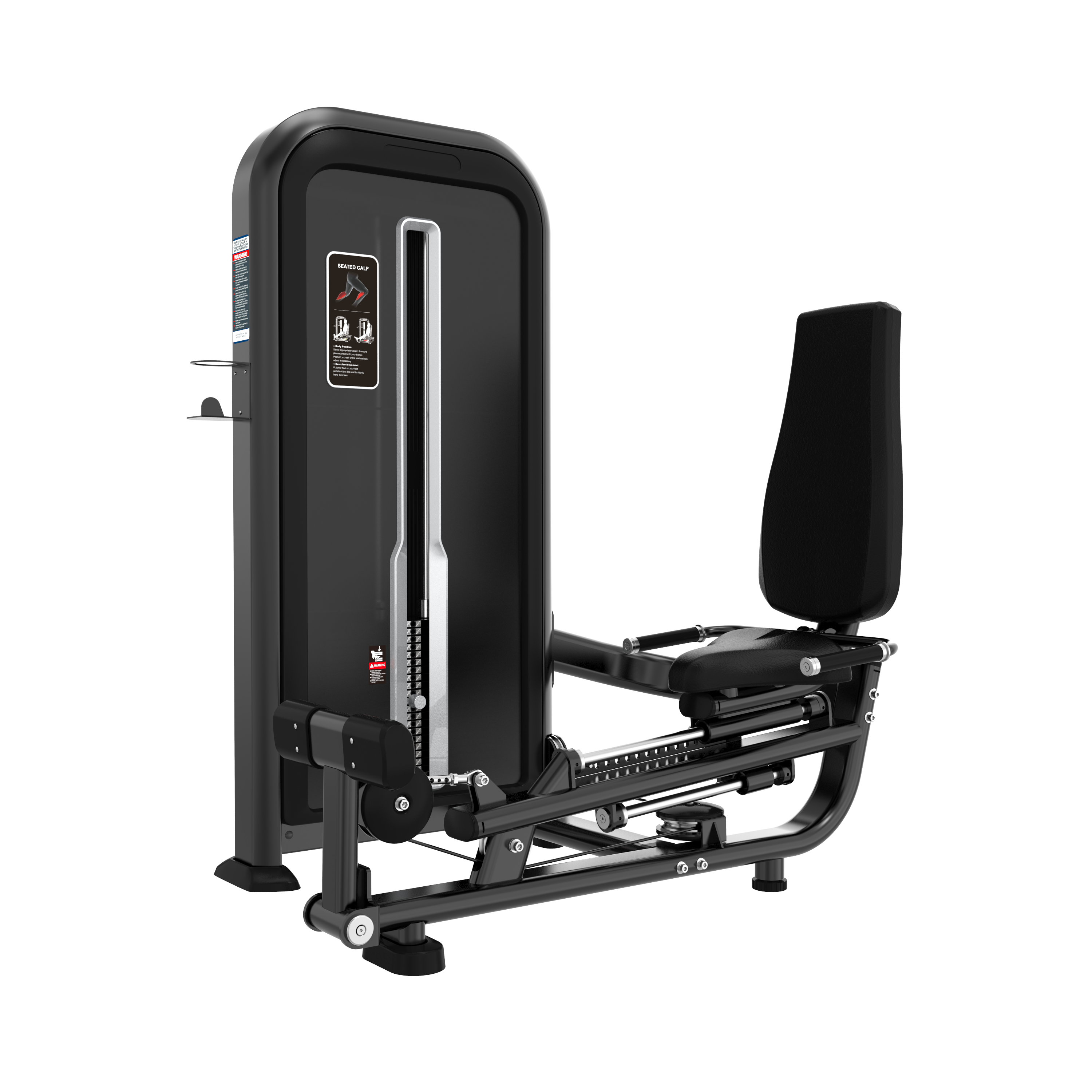 The BefitNow Canada Seated Calf is a black and silver strength training machine with a padded backrest and an adjustable 556lbs weight stack, ideal for gym use.
