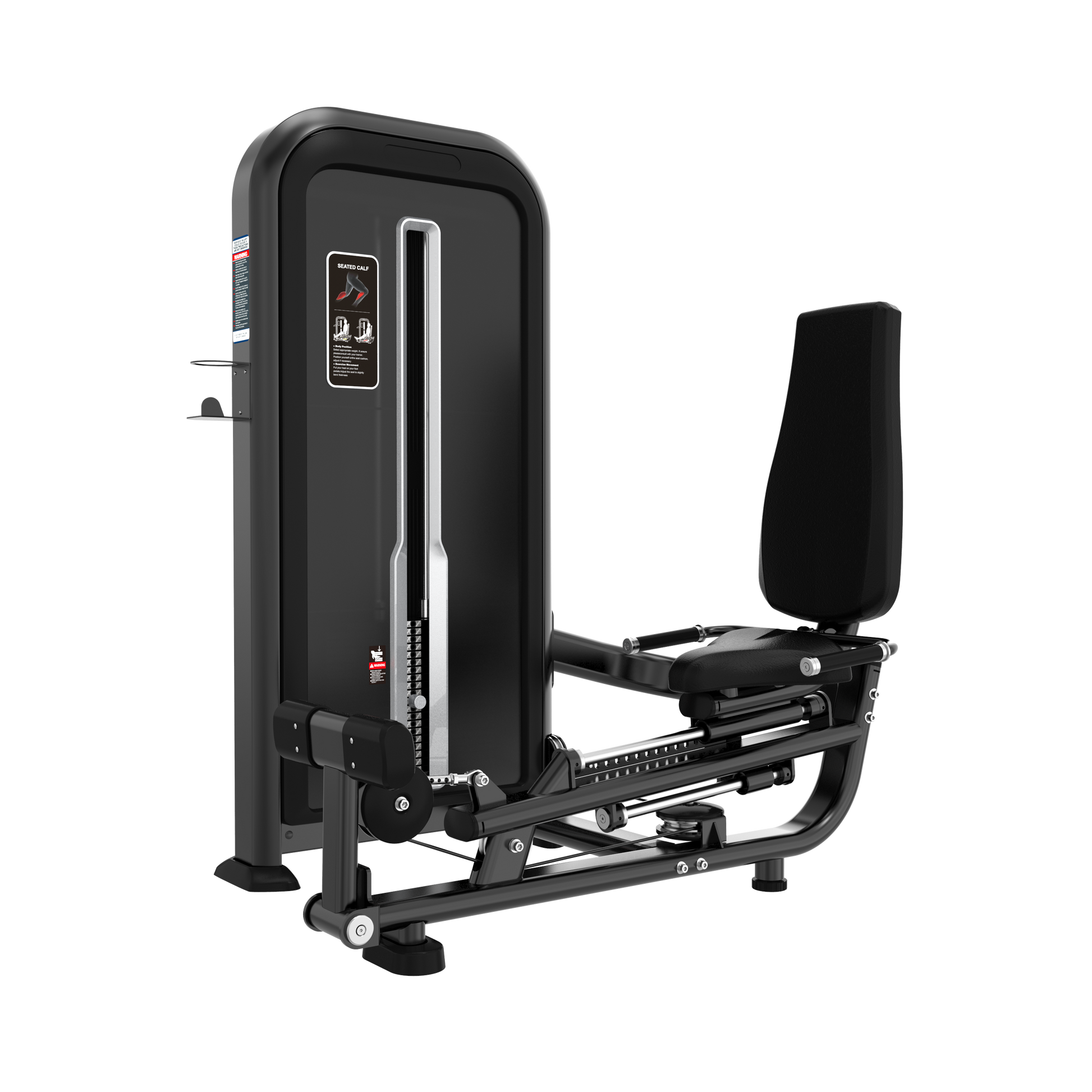 The BefitNow Canada Seated Calf is a black and silver strength training machine with a padded backrest and an adjustable 556lbs weight stack, ideal for gym use.