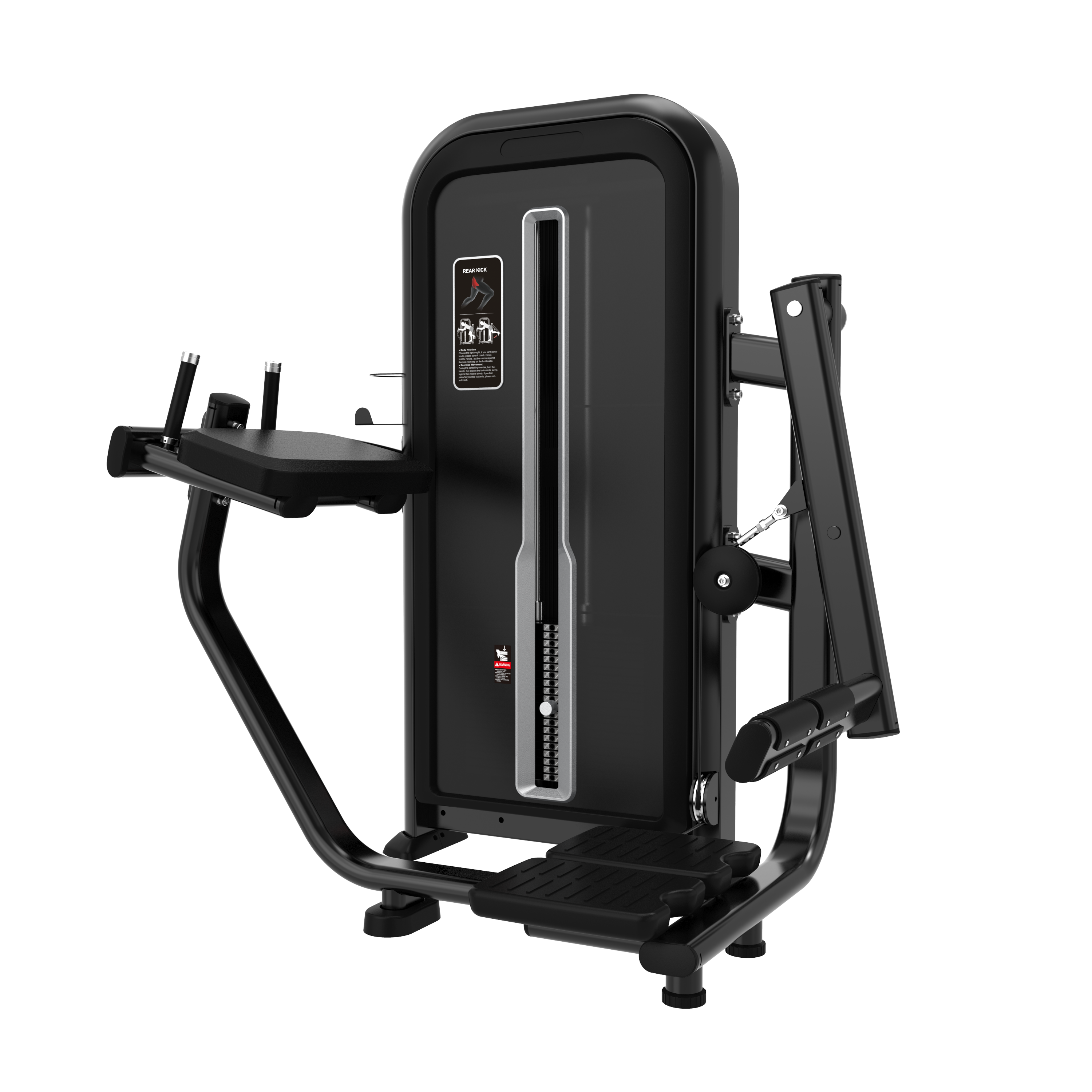 The BefitNow Canada Rear Kick is a black, commercial-grade strength machine with padded arm supports, handles, footrests, an adjustable weight stack, instructional front panel diagram, and gym-suited dimensions.