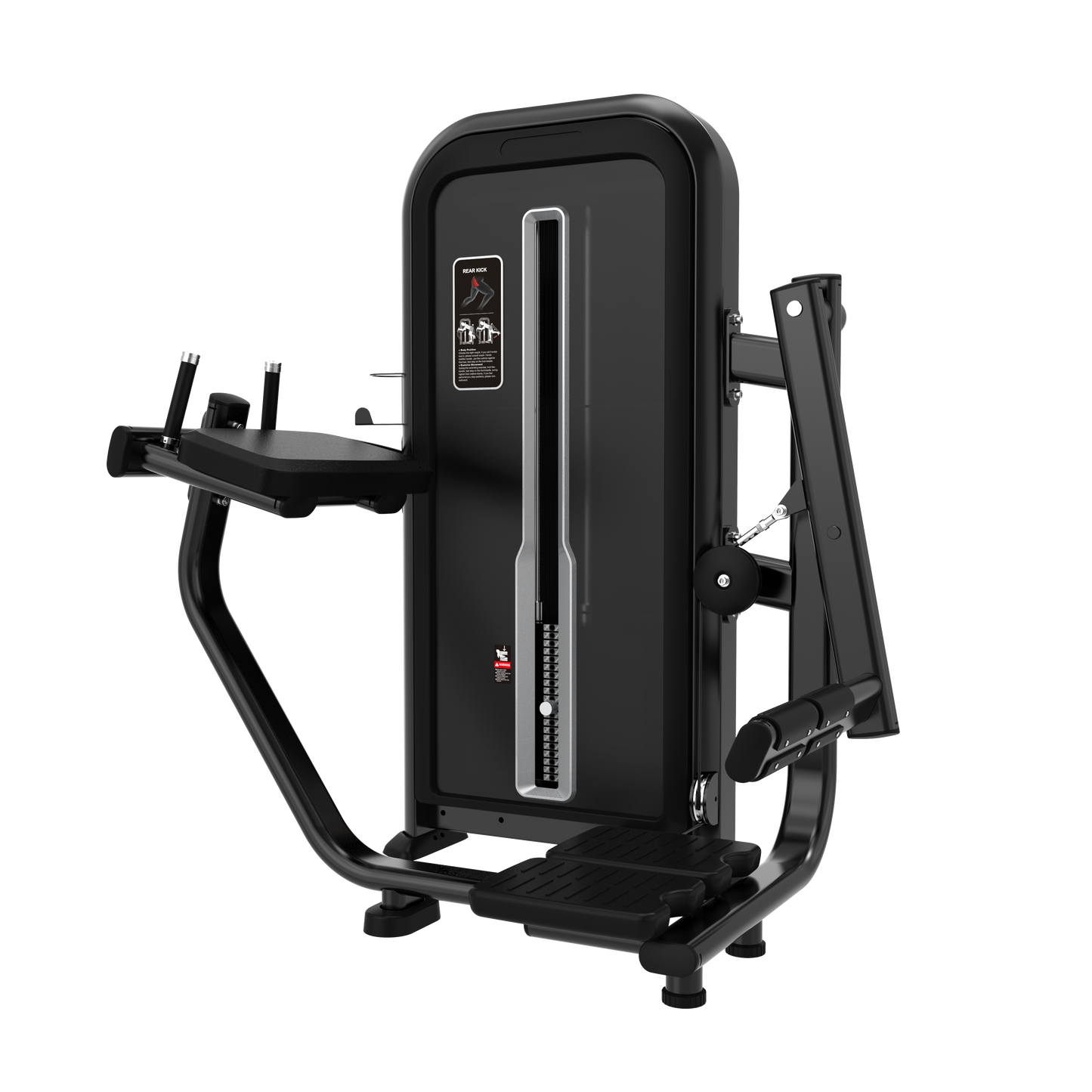 The BefitNow Canada Rear Kick is a black, commercial-grade strength machine with padded arm supports, handles, footrests, an adjustable weight stack, instructional front panel diagram, and gym-suited dimensions.