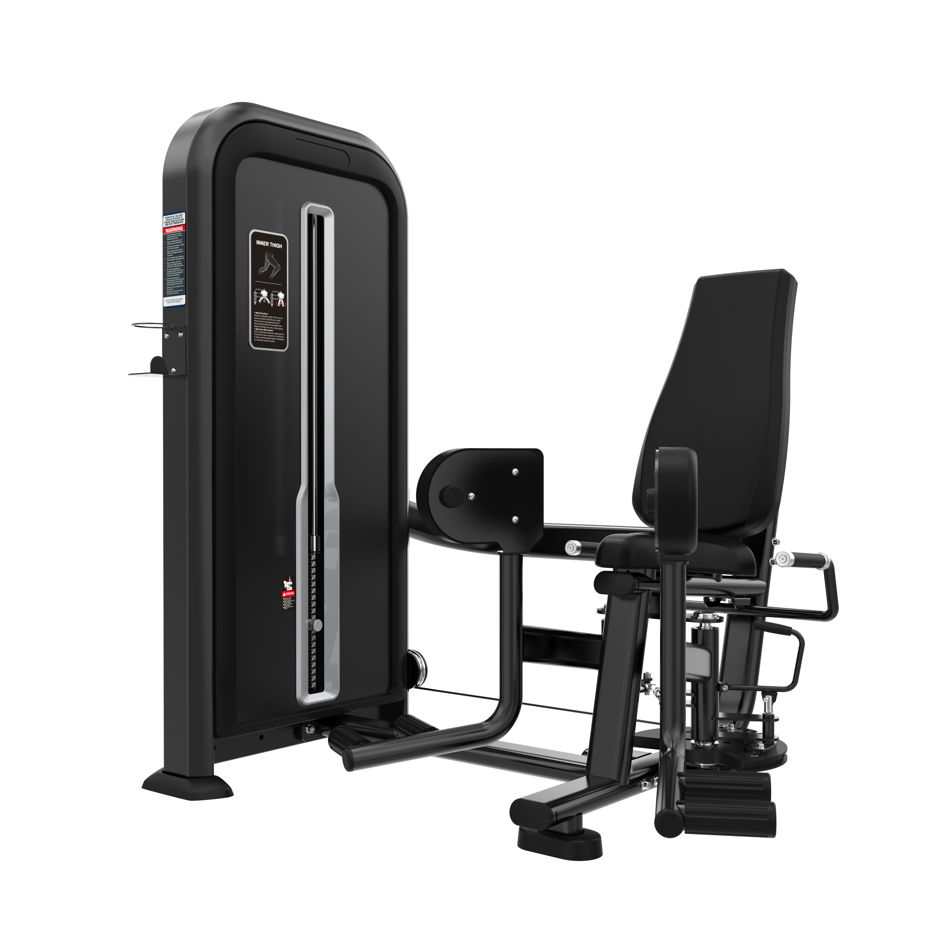 The BefitNow Canada Inner Thigh Adductor is a black and silver machine with a padded seat and backrest, adjustable leg rollers, and an enclosed weight stack for easy selection.