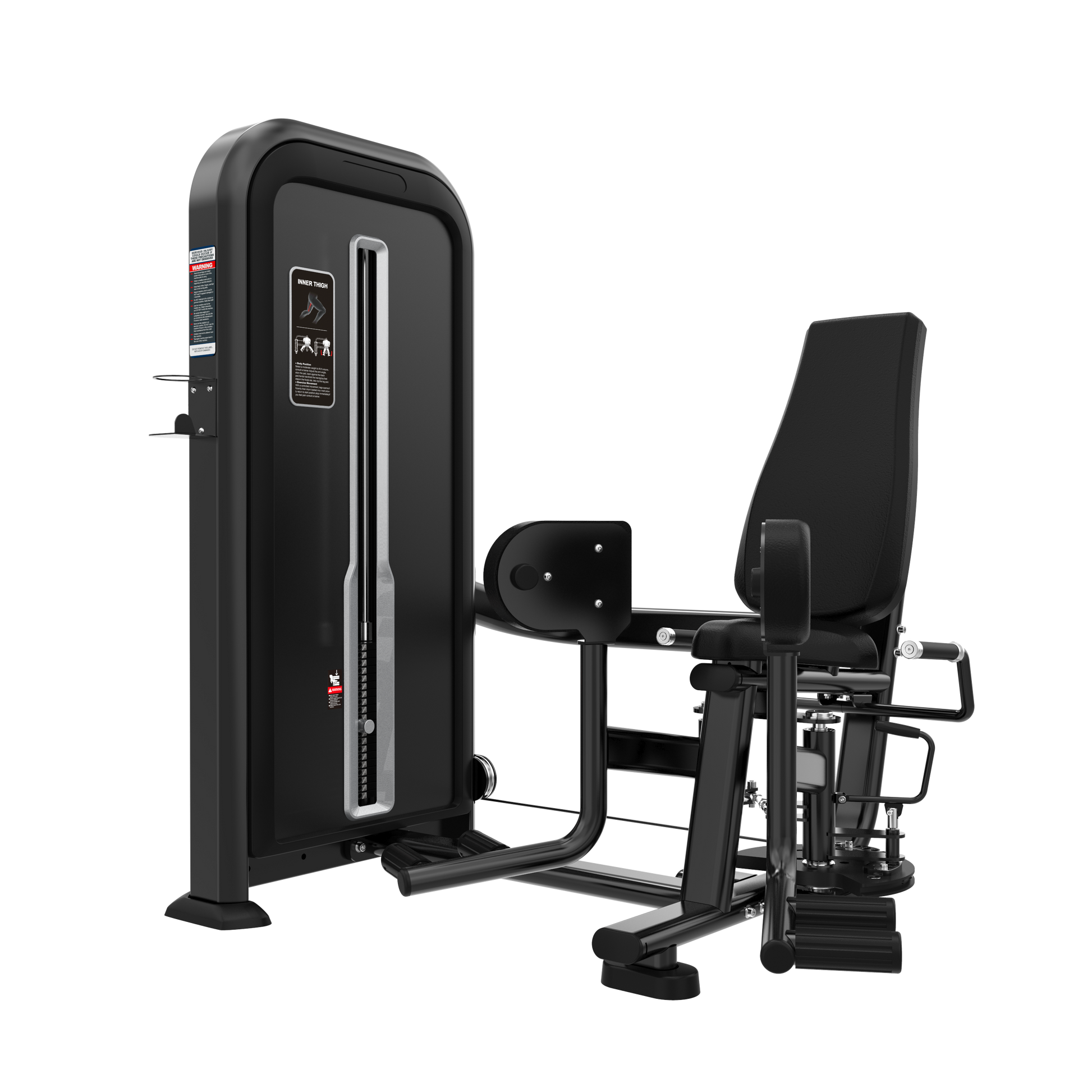 The BefitNow Canada Inner Thigh Adductor is a black and silver machine with a padded seat and backrest, adjustable leg rollers, and an enclosed weight stack for easy selection.