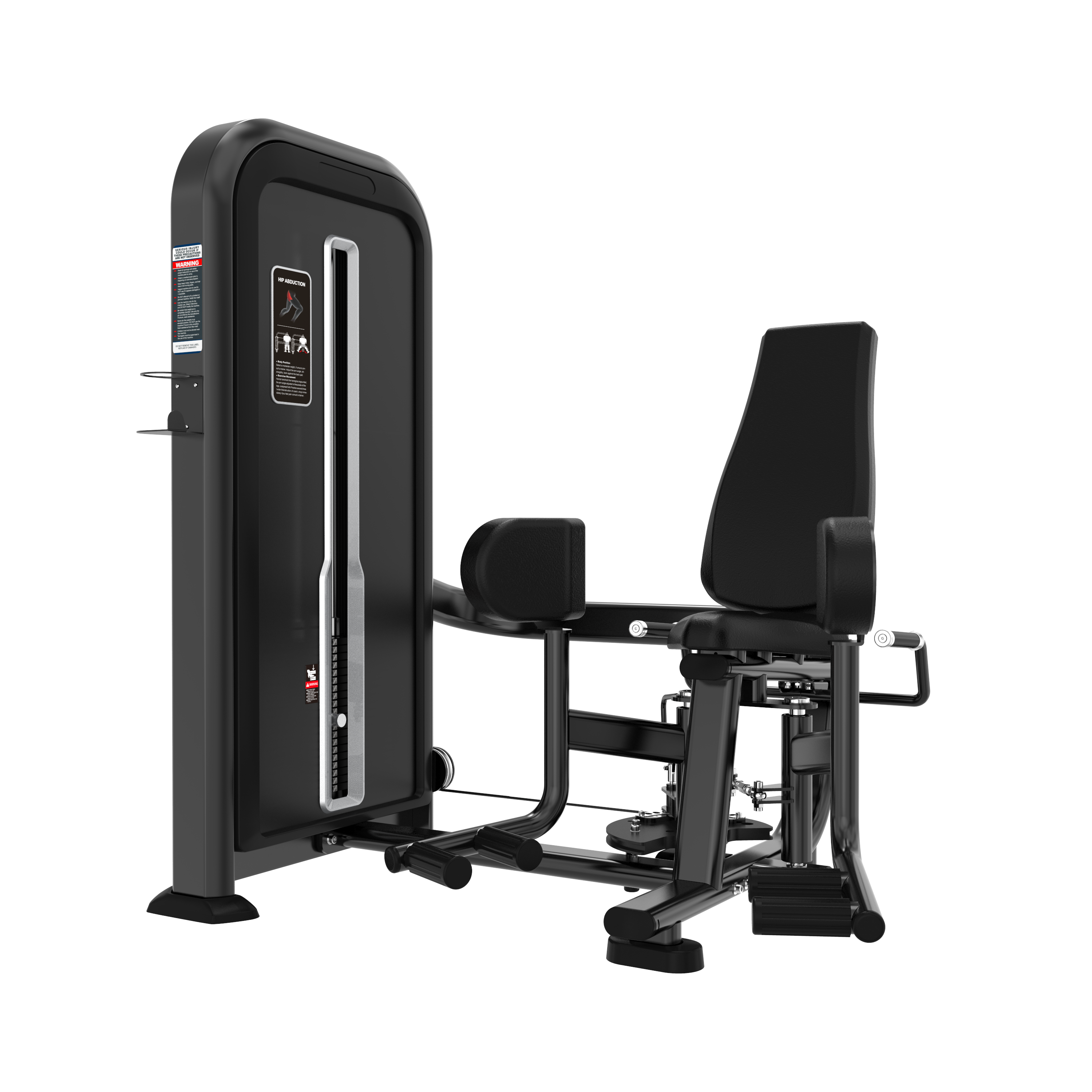The BefitNow Canada Outer Thigh Abductor is a black and silver gym machine with padded seat, backrest, adjustable thigh pads, 505lb weight stack, instructional placard, and optimal dimensions for inner thigh exercises.