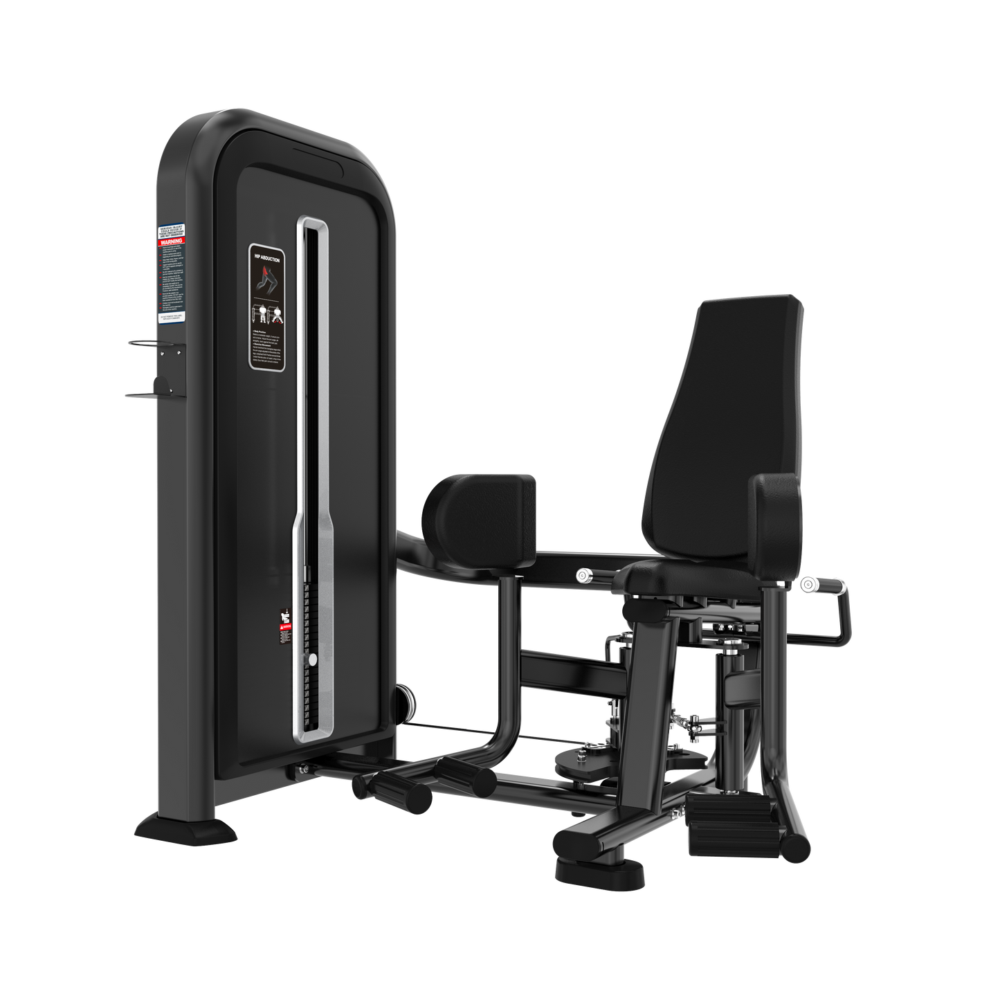 The BefitNow Canada Outer Thigh Abductor is a black and silver gym machine with padded seat, backrest, adjustable thigh pads, 505lb weight stack, instructional placard, and optimal dimensions for inner thigh exercises.