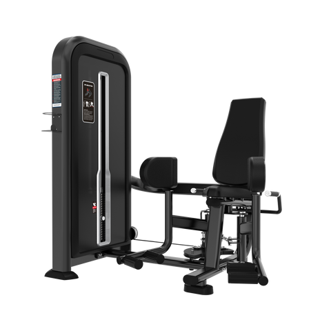 The BefitNow Canada Outer Thigh Abductor is a black and silver gym machine with padded seat, backrest, adjustable thigh pads, 505lb weight stack, instructional placard, and optimal dimensions for inner thigh exercises.