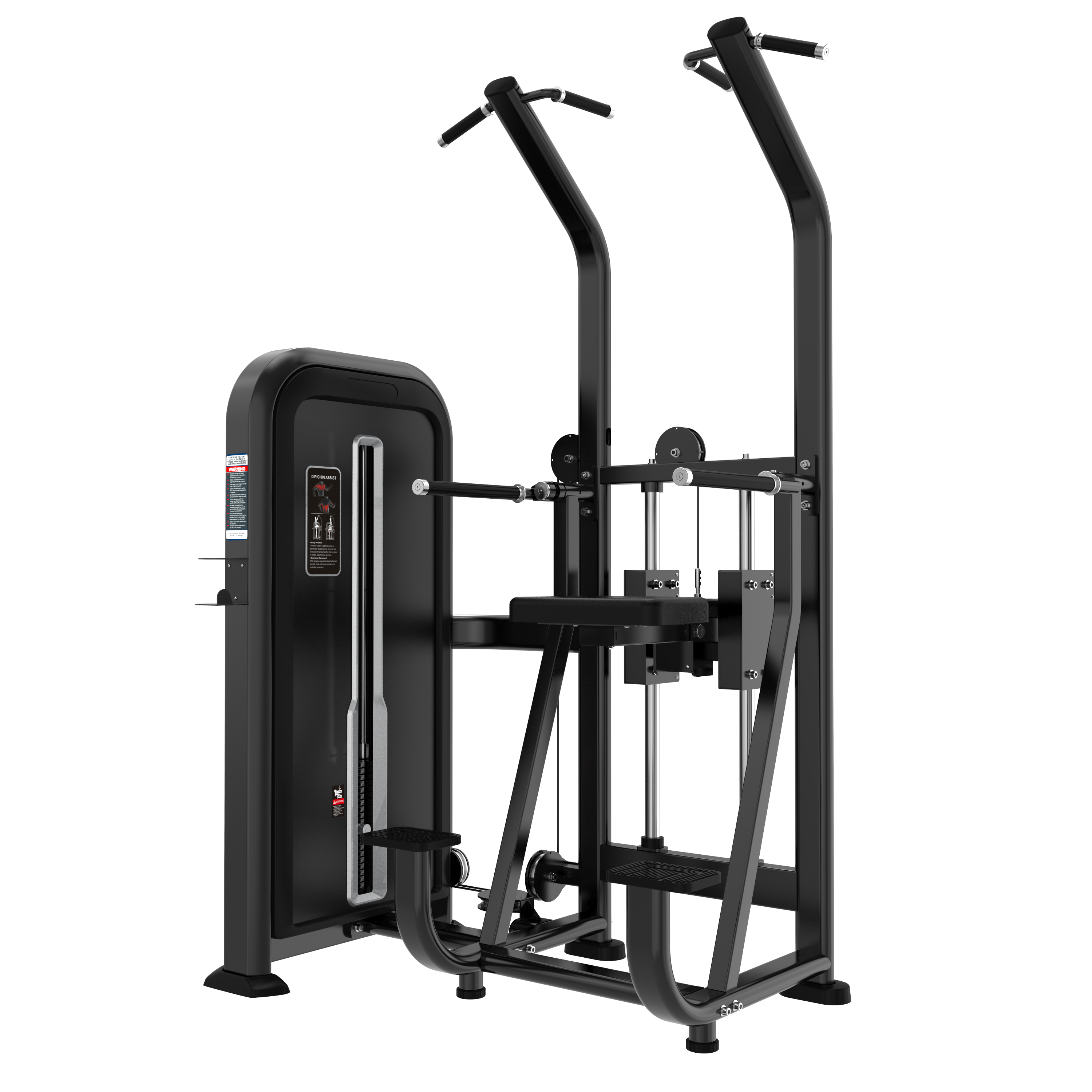 The BefitNow Canada Dip/Chin Assist is a black assisted pull-up and dip machine with padded knee support, vertical handles, a 732lbs left weight stack, and a sturdy metal frame—ideal for gym strength training and fits most commercial spaces.