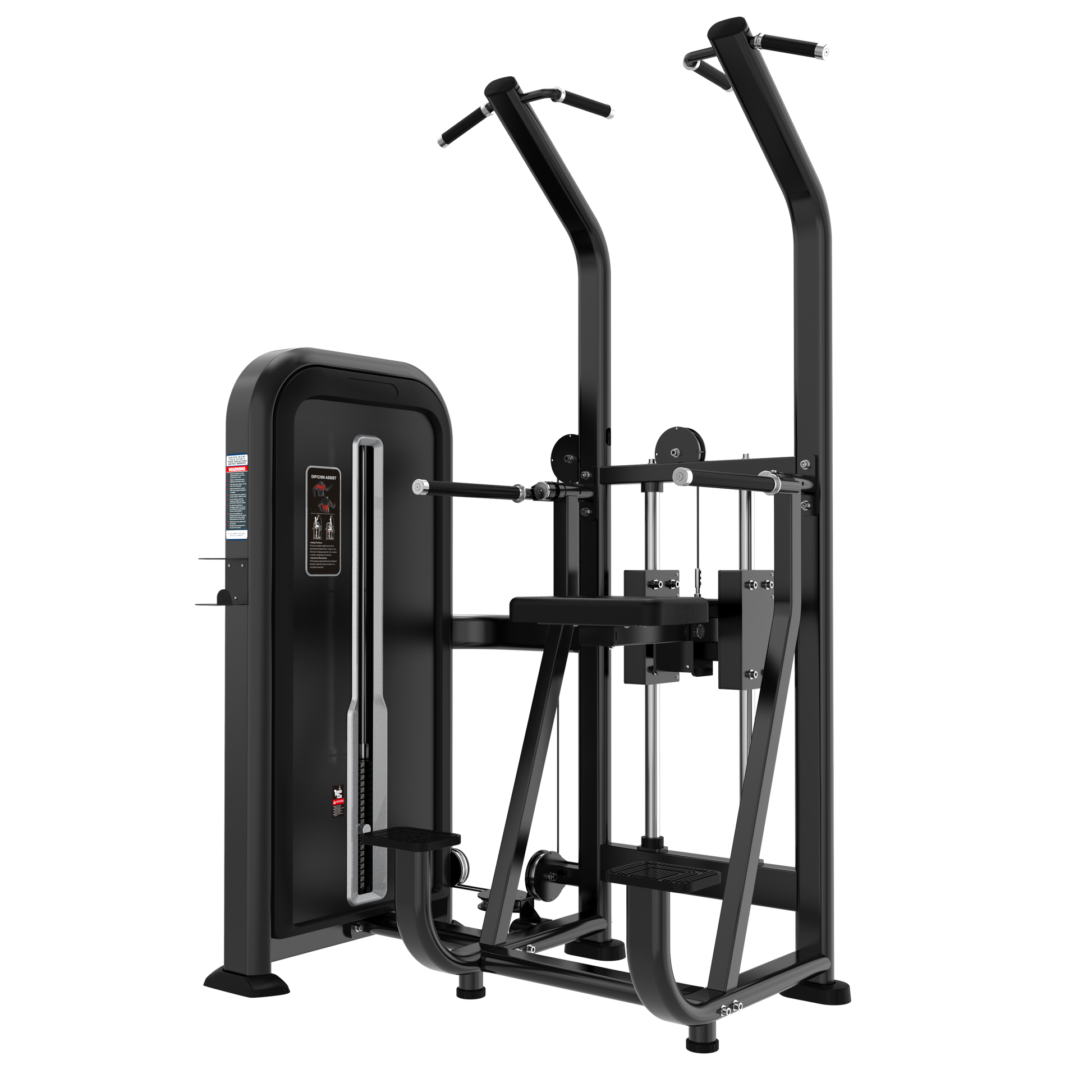 The BefitNow Canada Dip/Chin Assist is a black assisted pull-up and dip machine with padded knee support, vertical handles, a 732lbs left weight stack, and a sturdy metal frame—ideal for gym strength training and fits most commercial spaces.