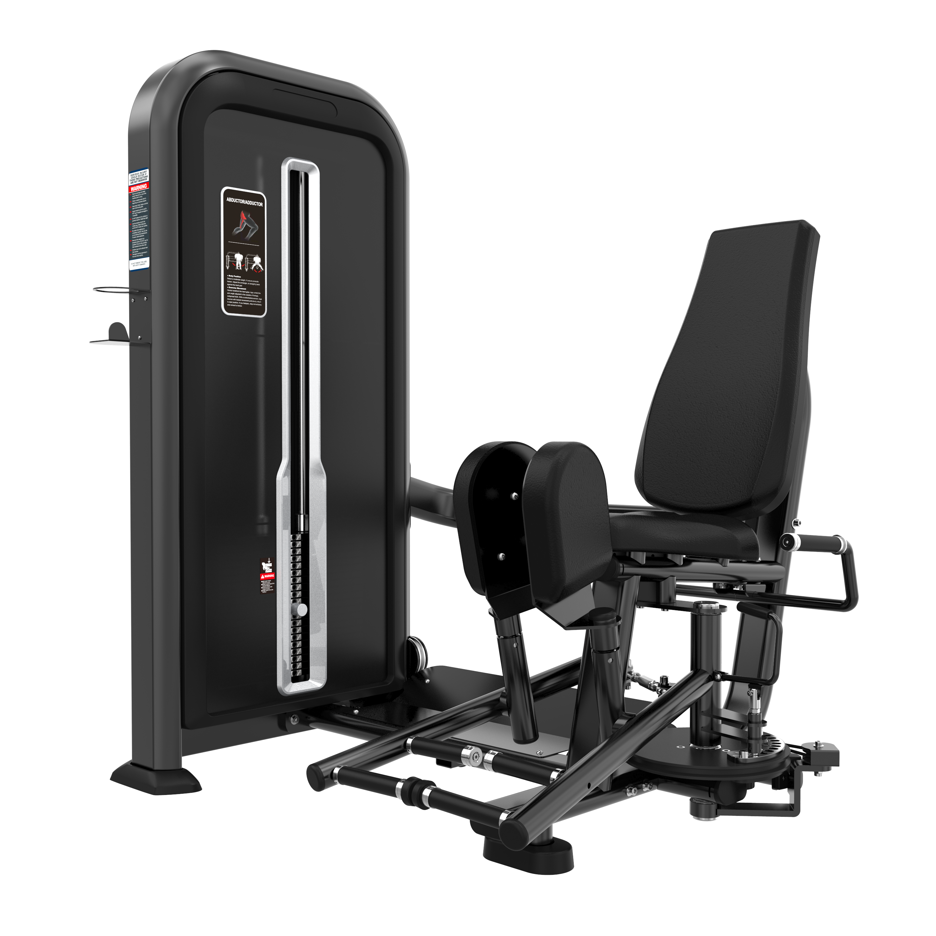The BefitNow Canada Abductor/Adductor is a black, padded gym machine for seated hip exercises, with an adjustable weight stack, handles, cushioned leg supports, and a compact design perfect for any fitness space.