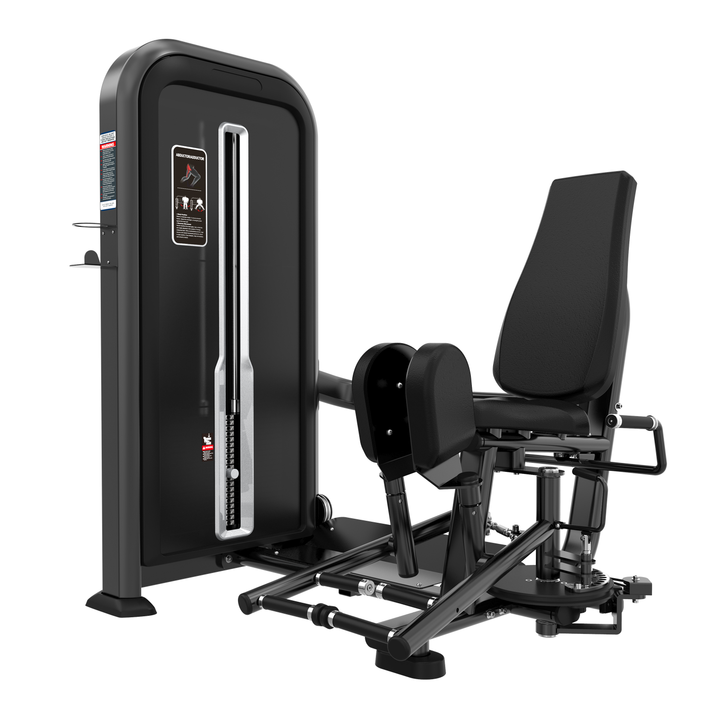 The BefitNow Canada Abductor/Adductor is a black, padded gym machine for seated hip exercises, with an adjustable weight stack, handles, cushioned leg supports, and a compact design perfect for any fitness space.