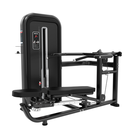 The BefitNow Canada SHOULDER PRESS/SEATED CHEST PRESS is a sleek black machine with a padded seat and backrest designed for comfort. It features a versatile weight stack, durable metal frame, footrest, and adjustable pulley system for customized resistance training.