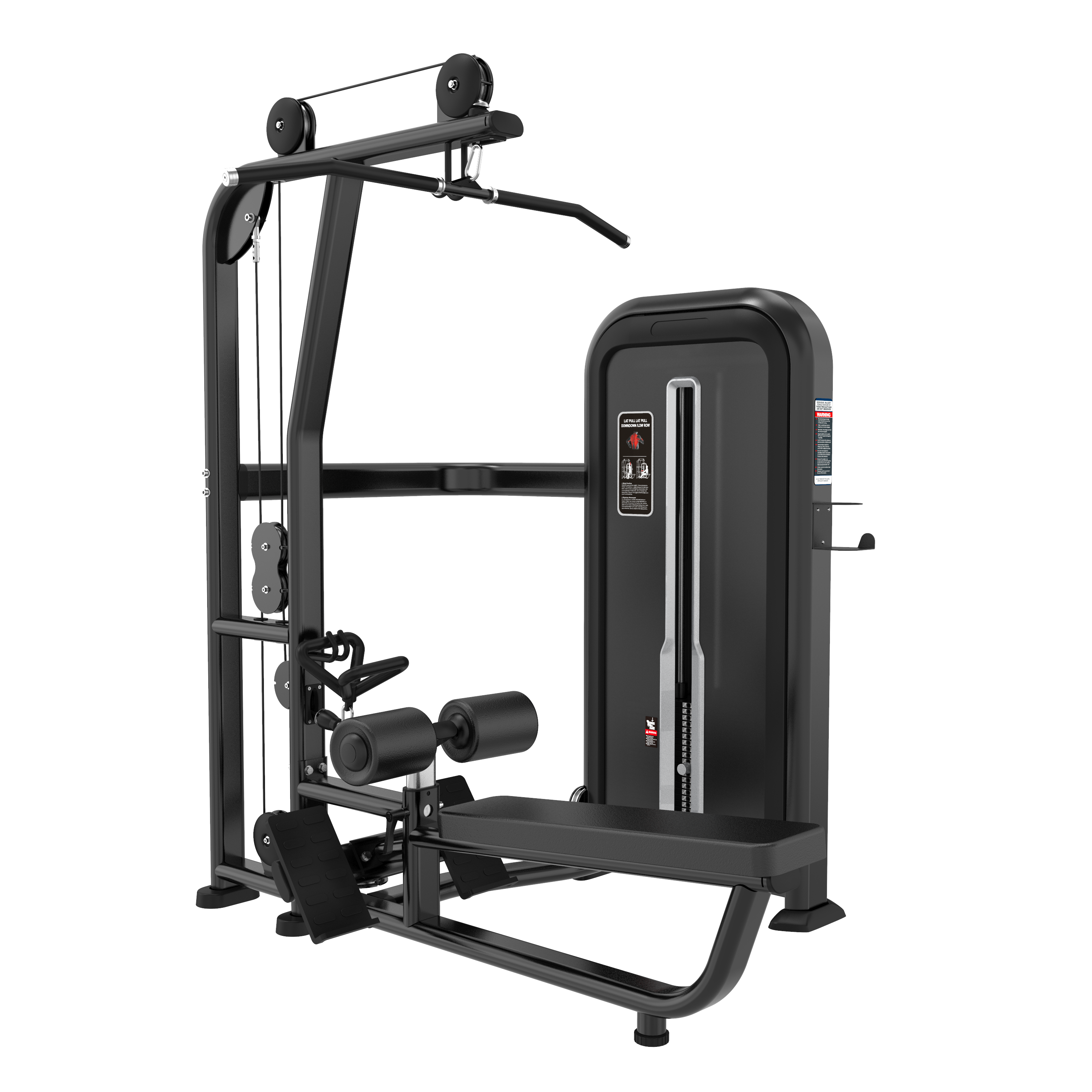 The BefitNow Canada LAT PULLDOWN/LOW ROW is a black, multi-station gym machine with weight stack, padded seat, cables, and footrests—perfect for seated row and lat pulldown exercises in any home gym.