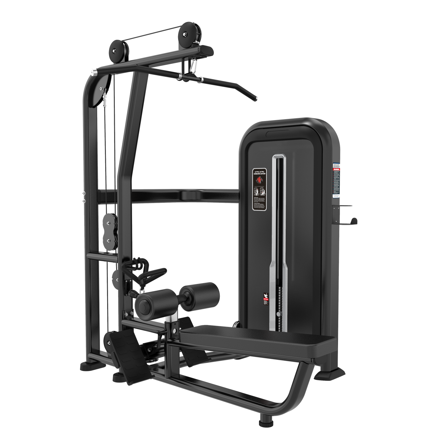 The BefitNow Canada LAT PULLDOWN/LOW ROW is a black, multi-station gym machine with weight stack, padded seat, cables, and footrests—perfect for seated row and lat pulldown exercises in any home gym.