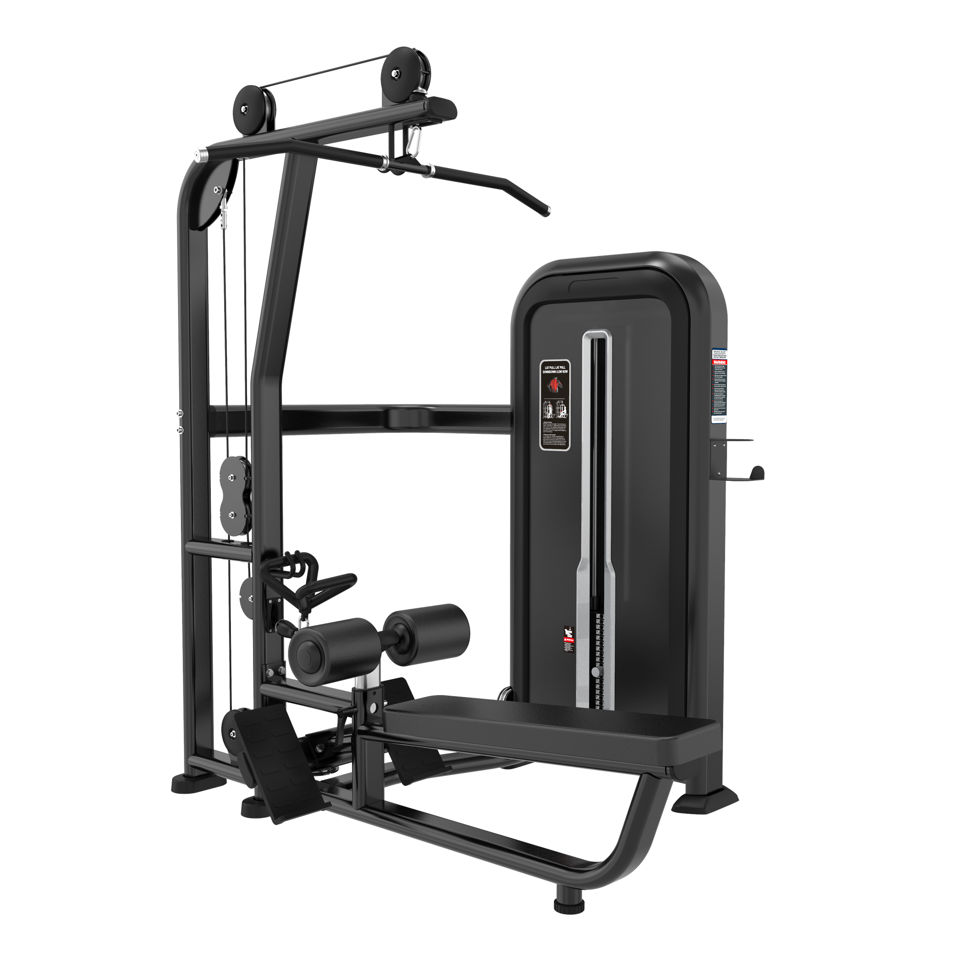 The BefitNow Canada LAT PULLDOWN/LOW ROW is a black, multi-station gym machine with weight stack, padded seat, cables, and footrests—perfect for seated row and lat pulldown exercises in any home gym.