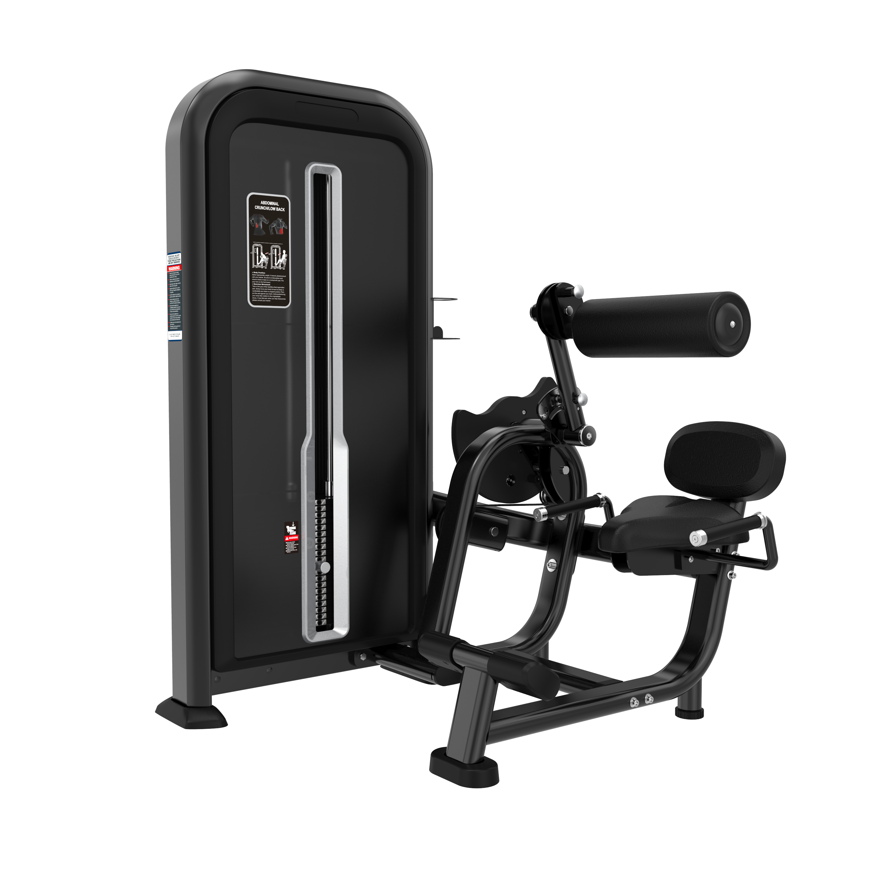 The BefitNow Canada ABDOMINAL CRUNCH/LOW BACK features a black padded seat, thigh pad, and resistance lever. Its compact design includes a dimension-friendly side weight stack with a visible selector pin for easy adjustments.