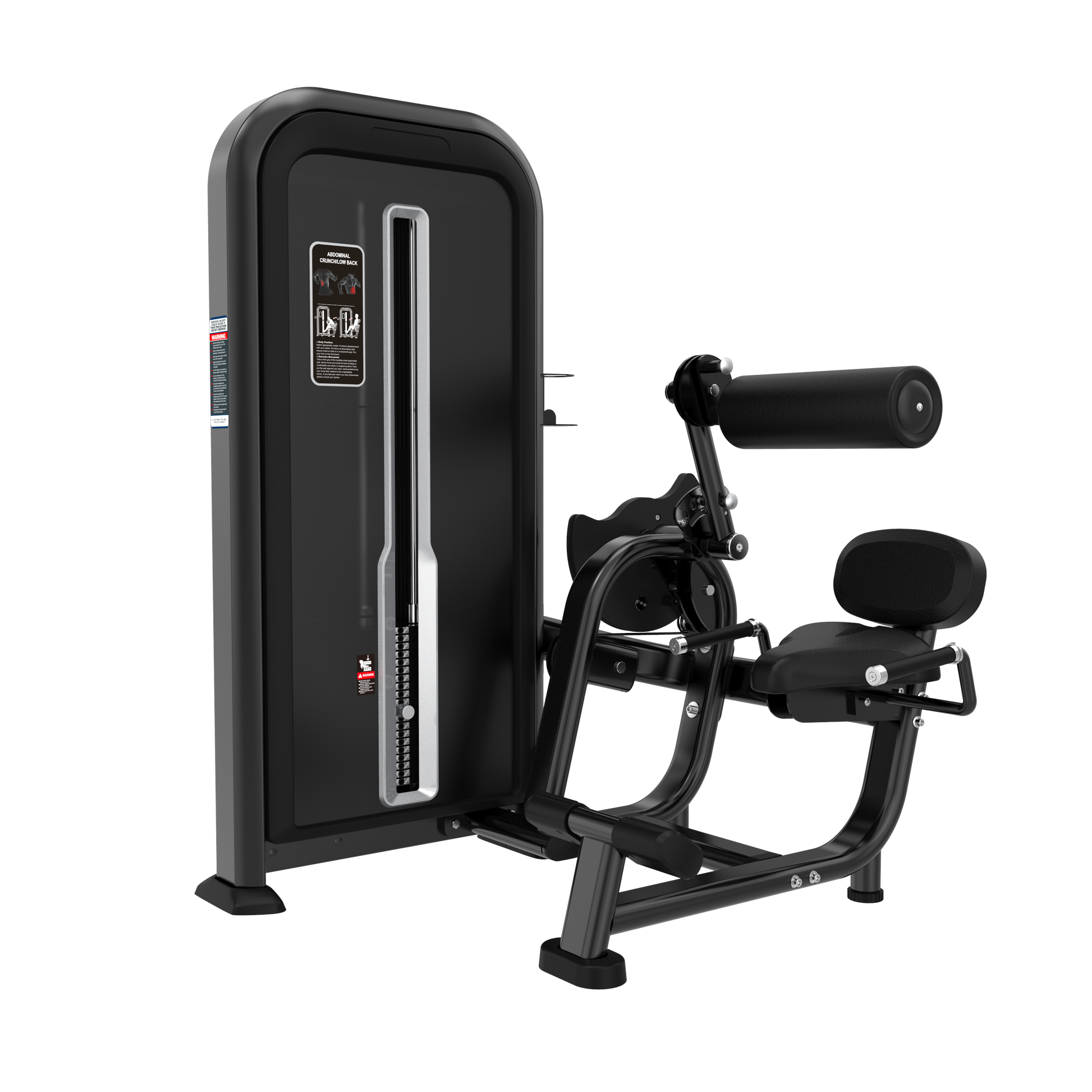 The BefitNow Canada ABDOMINAL CRUNCH/LOW BACK features a black padded seat, thigh pad, and resistance lever. Its compact design includes a dimension-friendly side weight stack with a visible selector pin for easy adjustments.