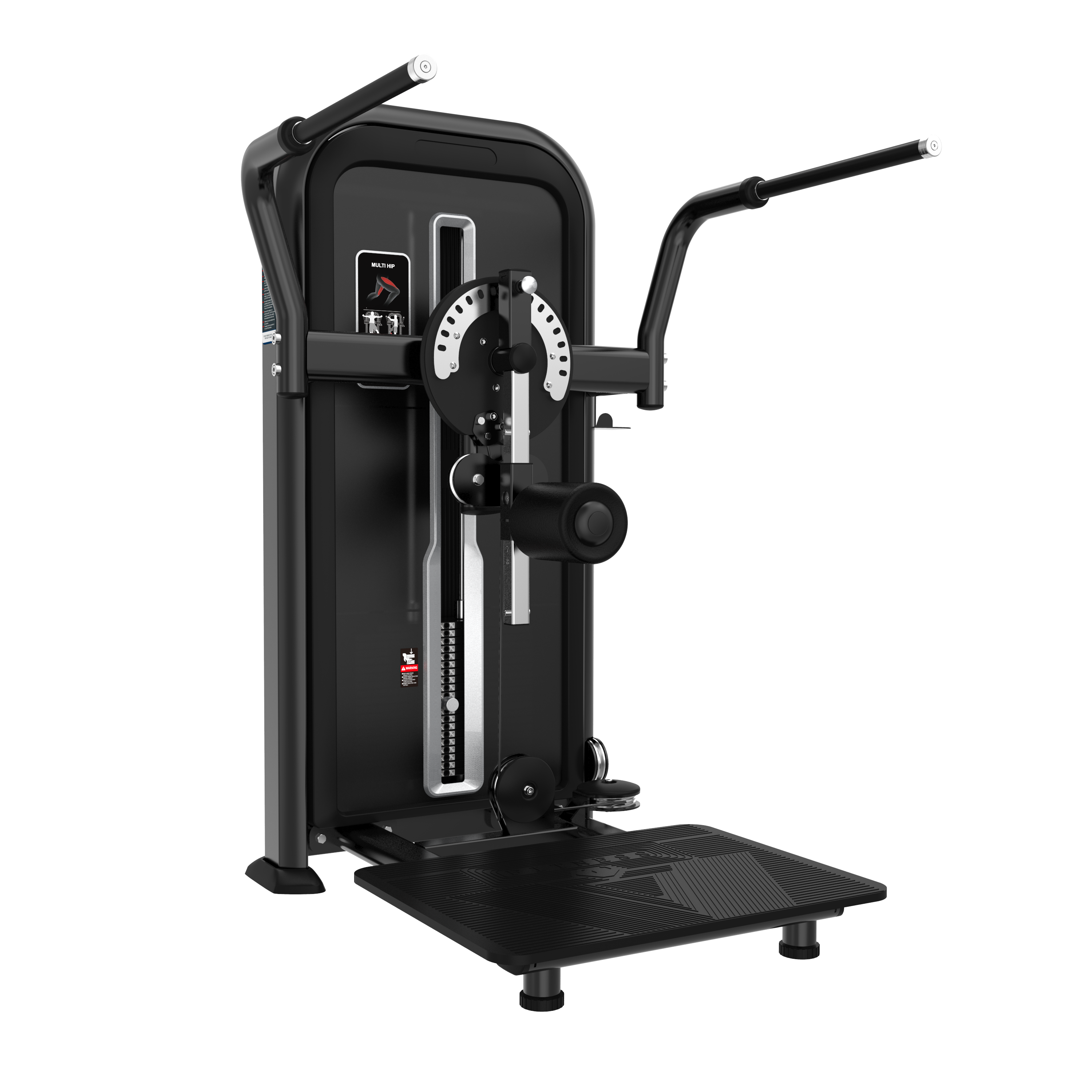 The BefitNow Canada Multi Hip is a compact black fitness machine with adjustable arms, a large foot platform, and visible weight stack adjustment, offering customizable resistance for effective strength training.