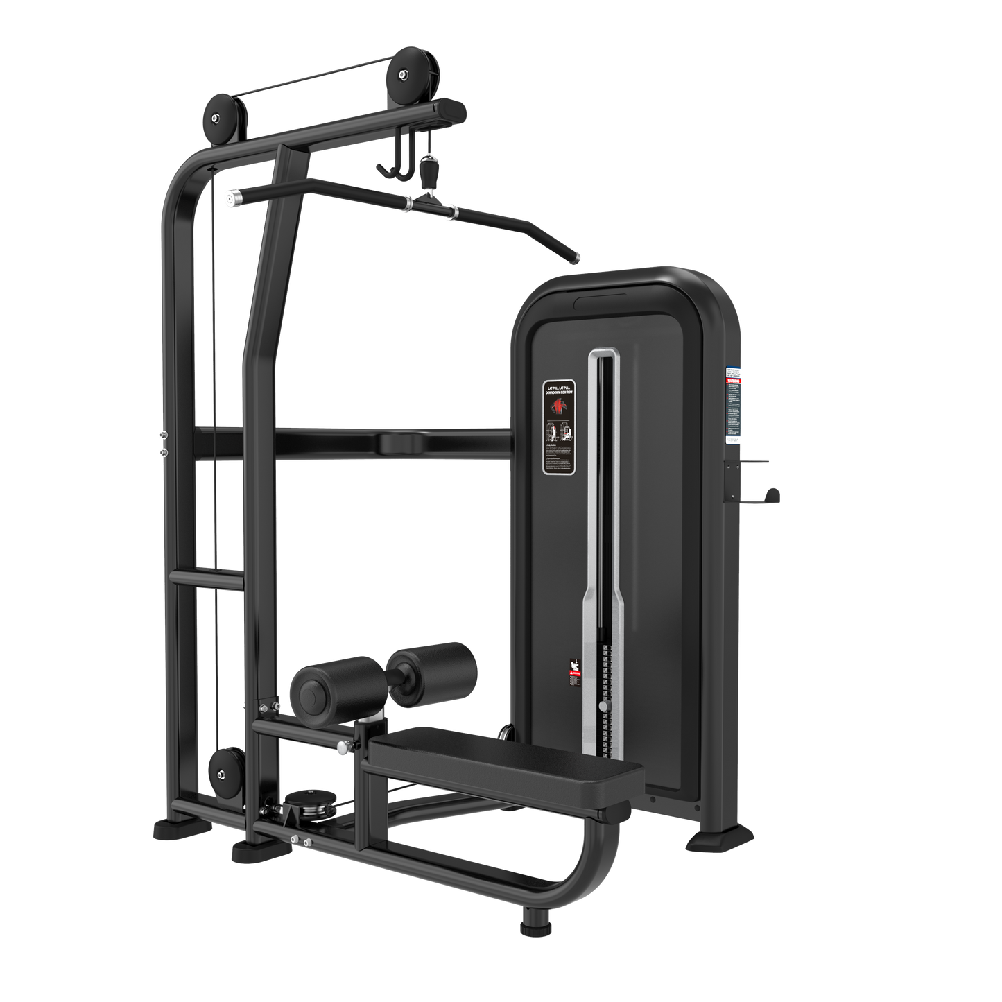 The BefitNow Canada Lat Pulldown is a black weight machine (62x65x81) featuring a padded bench, footrests, handlebar, 220lb weight stack, and pulleys—ideal for strength training in the gym.