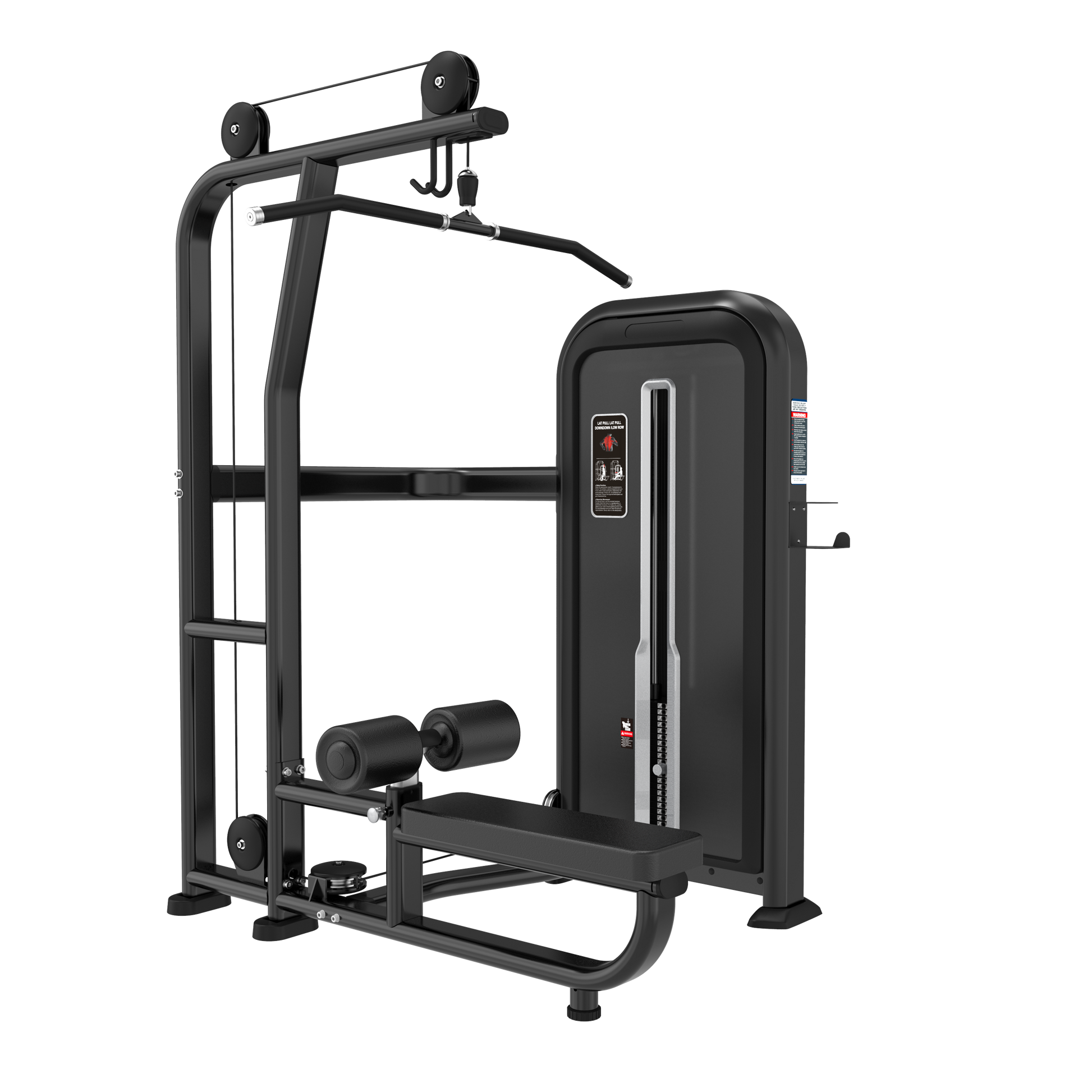 The BefitNow Canada Lat Pulldown is a black weight machine (62x65x81) featuring a padded bench, footrests, handlebar, 220lb weight stack, and pulleys—ideal for strength training in the gym.