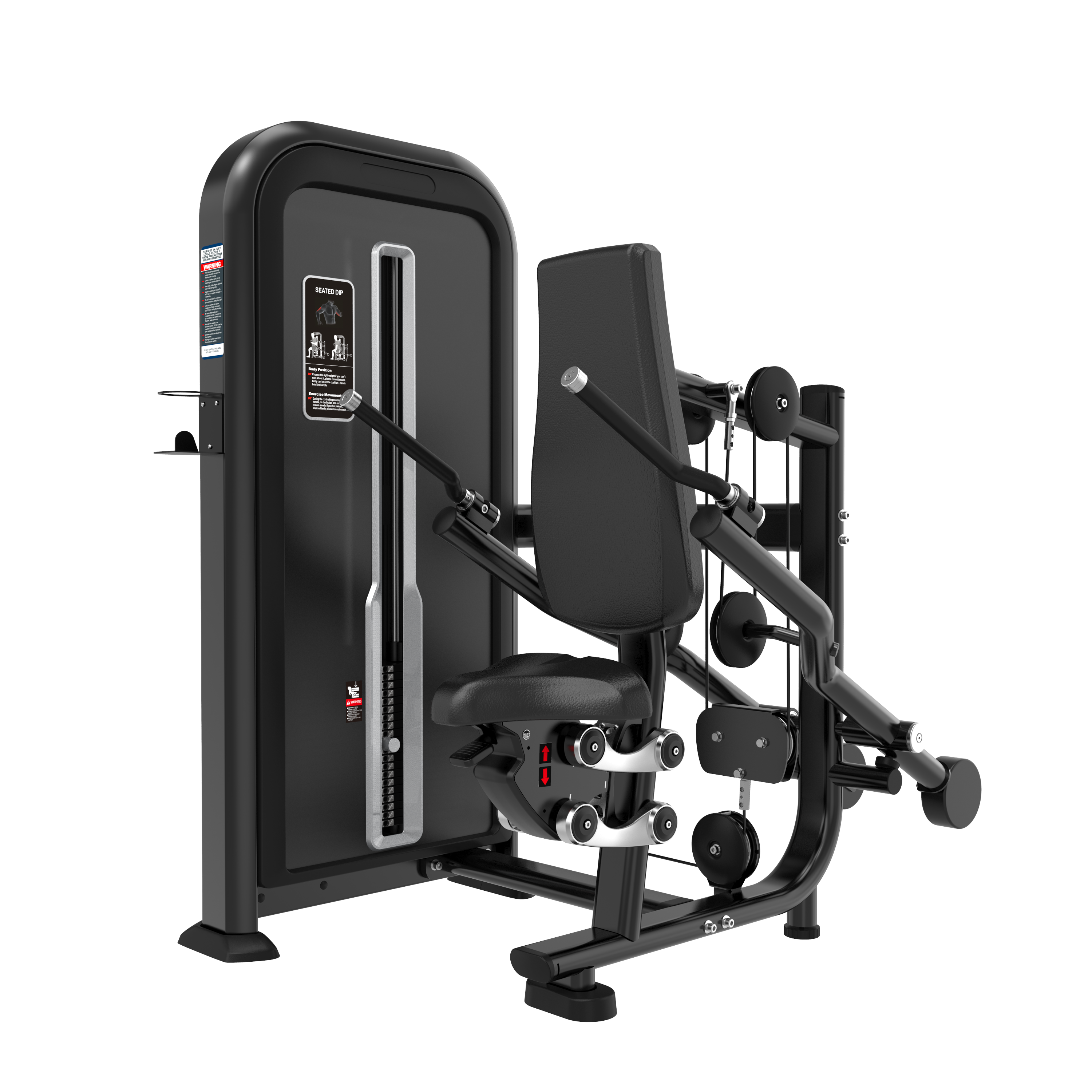 The BefitNow Canada Seated Dip is a black, commercial-grade machine featuring a padded seat and backrest, adjustable handles, weight stack for variable resistance, instructional placard, and compact design—ideal for strength training in any gym.