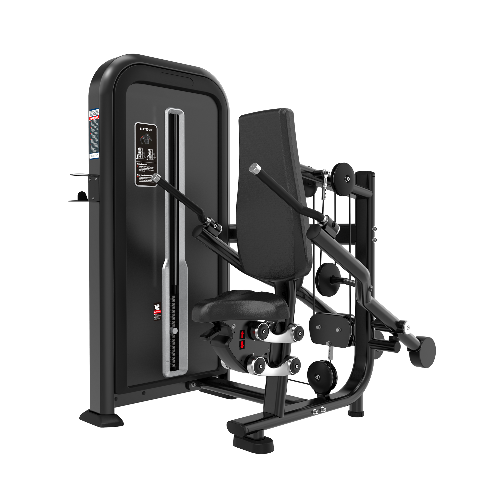The BefitNow Canada Seated Dip is a black, commercial-grade machine featuring a padded seat and backrest, adjustable handles, weight stack for variable resistance, instructional placard, and compact design—ideal for strength training in any gym.