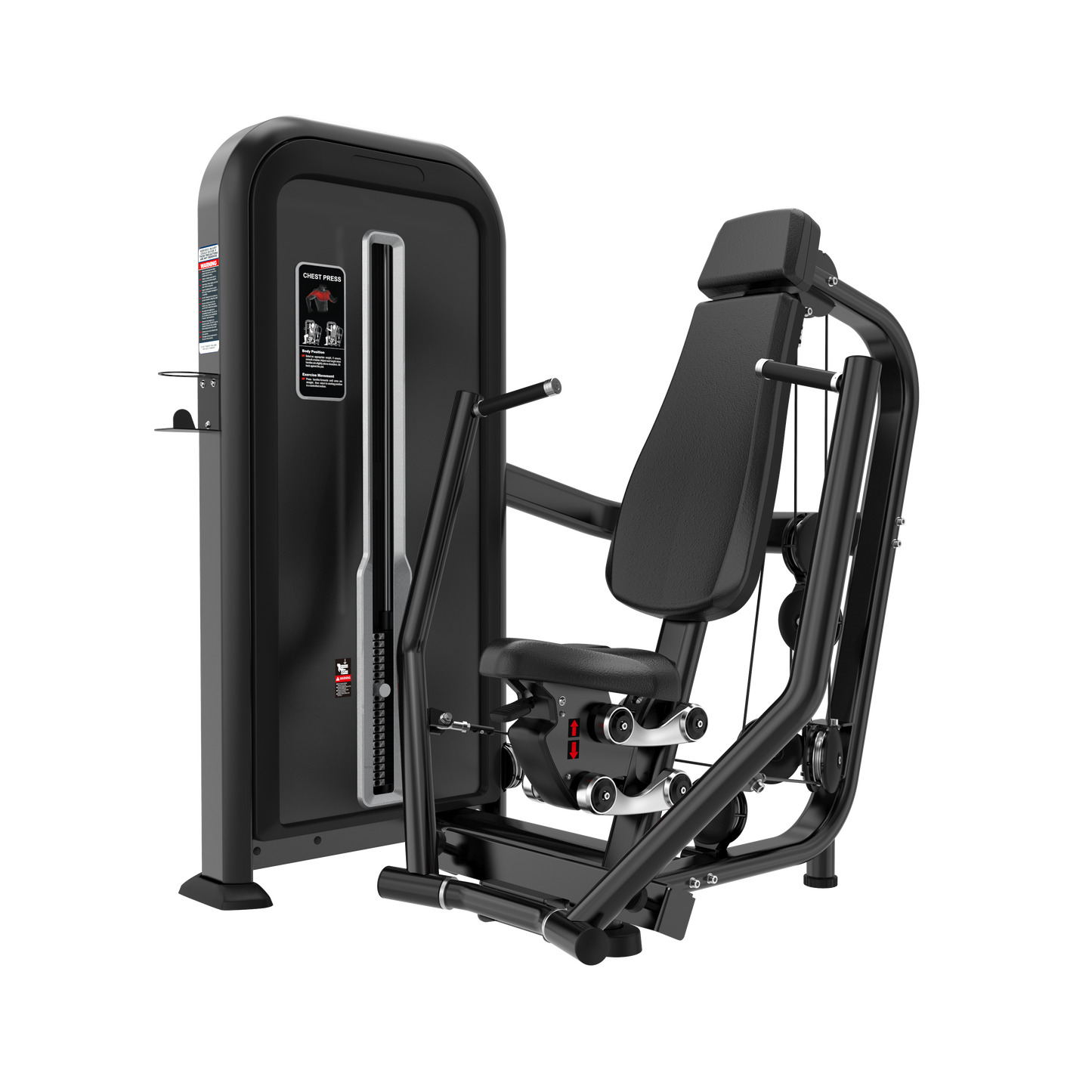 The BefitNow Canada Chest Press is a commercial gym machine with a padded seat, backrest, and handles for seated upper body workouts; it features a black and silver frame, adjustment knobs, dimension markings, and a weight stack.