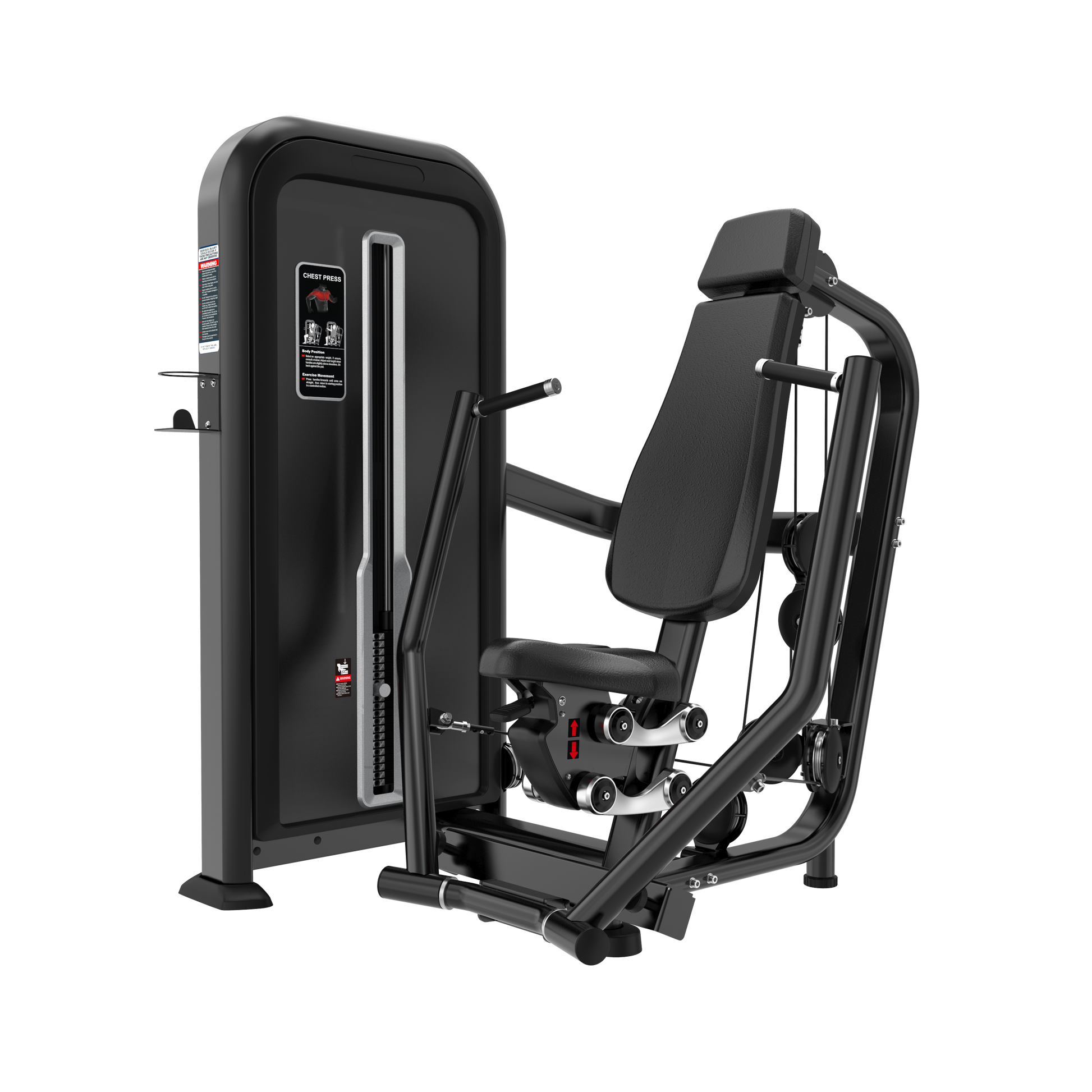 The BefitNow Canada Chest Press is a commercial gym machine with a padded seat, backrest, and handles for seated upper body workouts; it features a black and silver frame, adjustment knobs, dimension markings, and a weight stack.