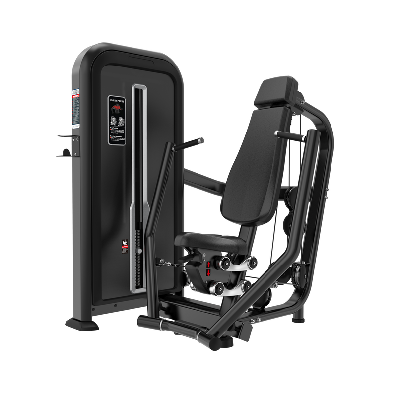 The BefitNow Canada Chest Press is a commercial gym machine with a padded seat, backrest, and handles for seated upper body workouts; it features a black and silver frame, adjustment knobs, dimension markings, and a weight stack.