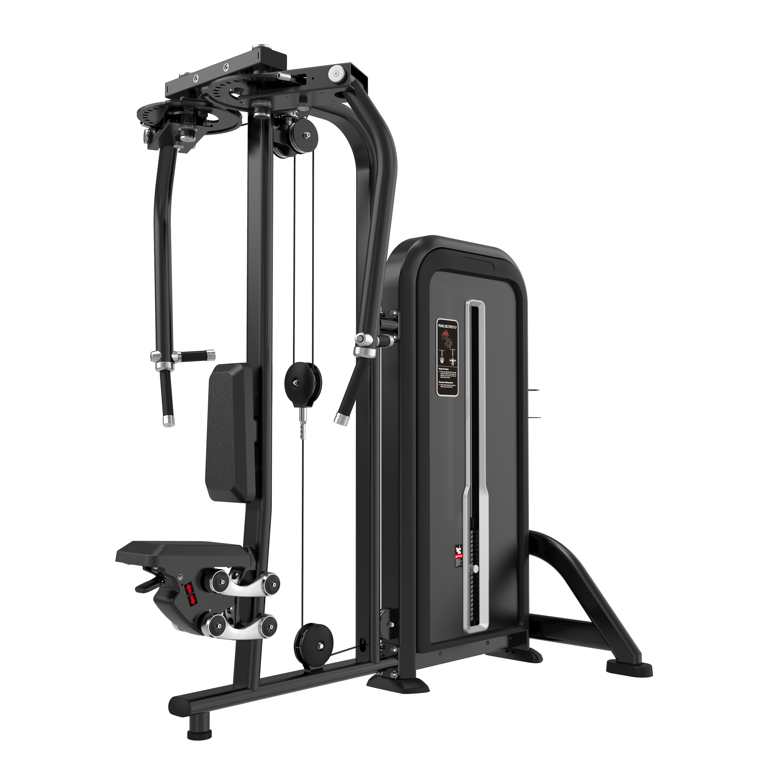 The BefitNow Canada Pec Fly is a sleek black machine designed for various strength training exercises, including chest workouts. It features pulleys, cables, adjustable weight stacks, and padded seating, perfect for gyms or home use.