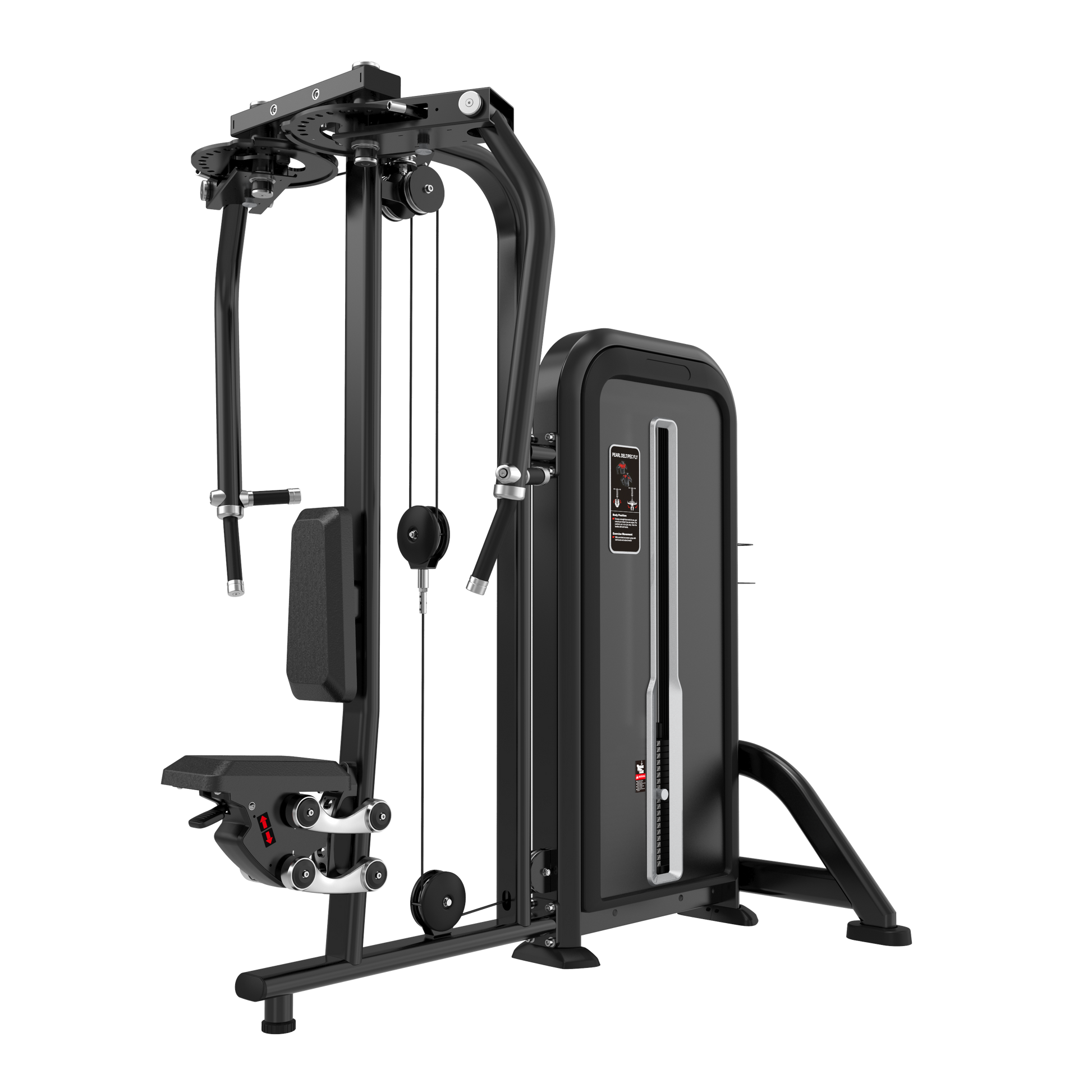 The BefitNow Canada Pec Fly is a sleek black machine designed for various strength training exercises, including chest workouts. It features pulleys, cables, adjustable weight stacks, and padded seating, perfect for gyms or home use.