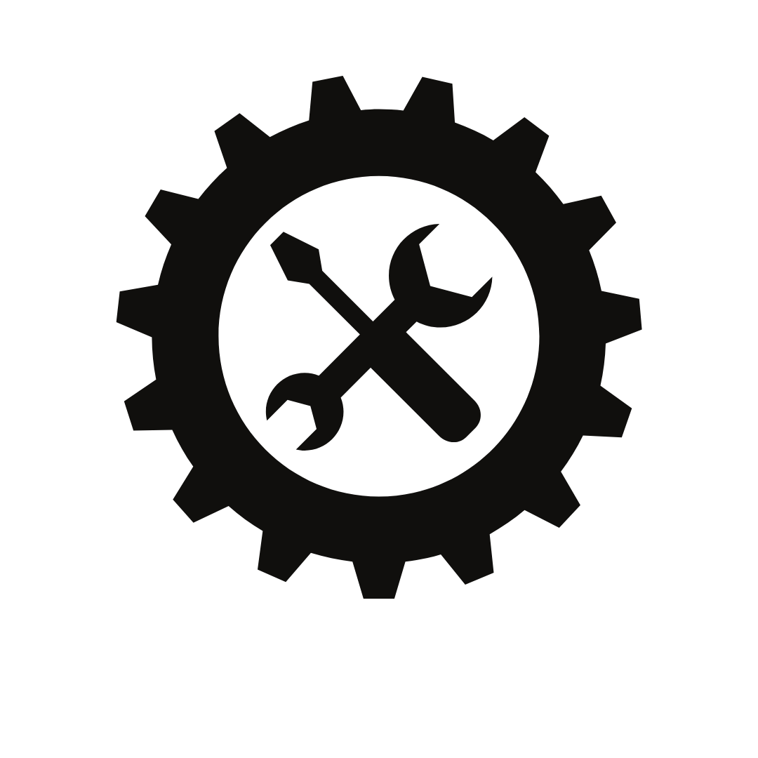 The BefitNow Canada Installation Service - Monster icon features a black gear with a crossed wrench and screwdriver, symbolizing tools, settings, or installation services, ideal for representing home gym setup or delivery and install processes. The icon is on a transparent background.