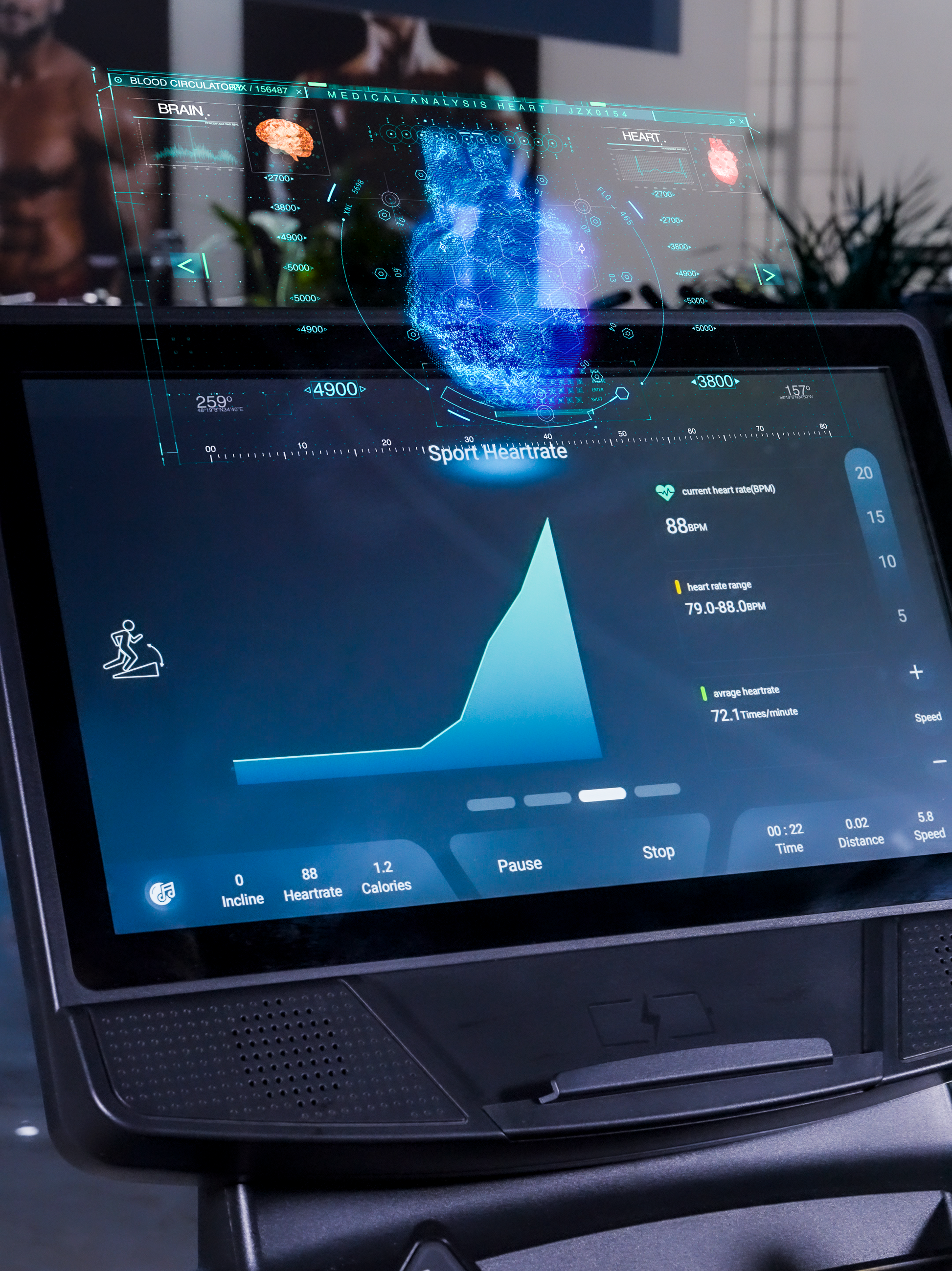 The NitroStep by BefitNow Canada features a digital display showing workout stats, a heart rate graph, and a 3D holographic heart, tracking speed and distance on a commercial treadmill with an extra-large running belt for comfort.