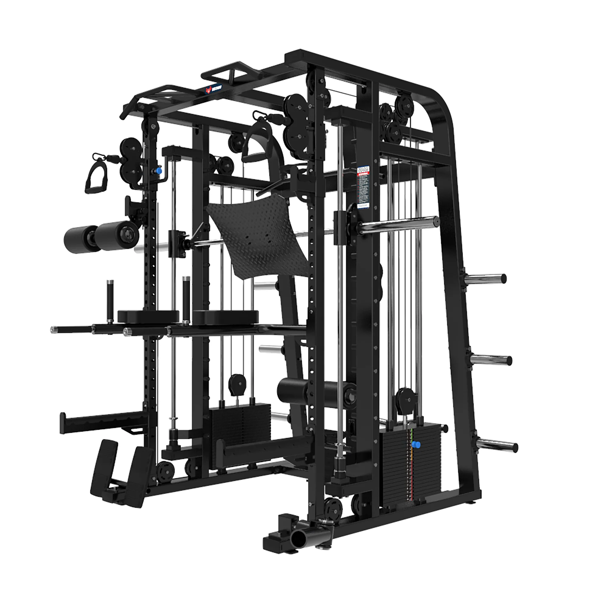 The BefitNow Canada Mr. Monster Smith Machine Functional Trainer is a versatile home gym with attachments, cables, bars, weight plates, and an adjustable black frame featuring multiple workout stations for strength training.
