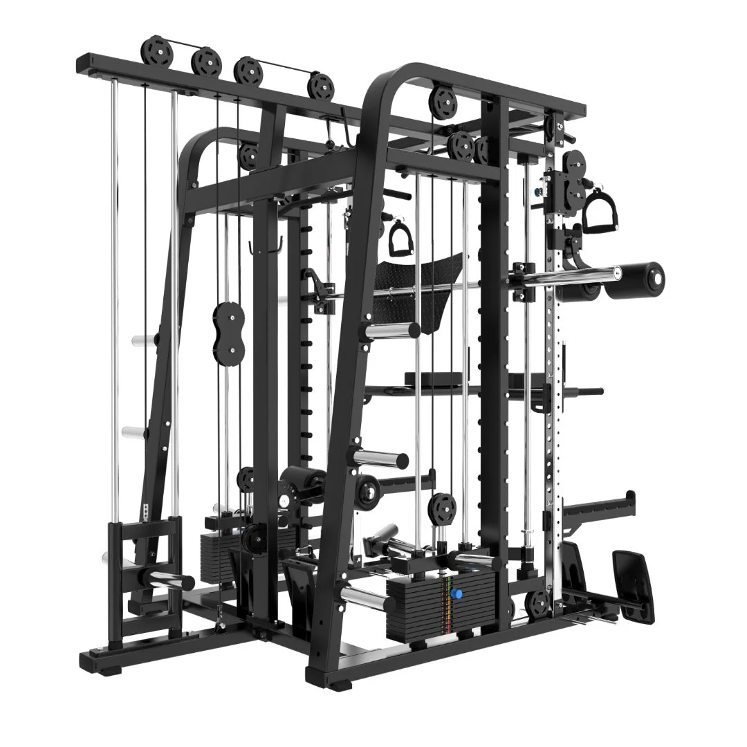 The BefitNow Canada Mr. Monster Smith Machine Functional Trainer is a large black all-in-one unit with cables, pulleys, weight stacks, bars, and attachments for strength exercises like lat pulldowns, rows, and squats.