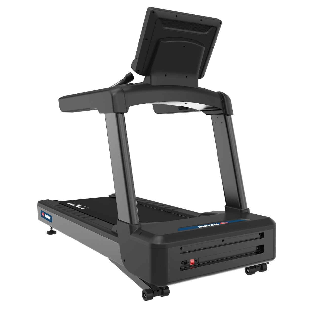 The NitroStep by BefitNow Canada is a black commercial treadmill with an oversized running belt, large digital display, sturdy side rails, and emergency stop switch, shown from the rear angle.