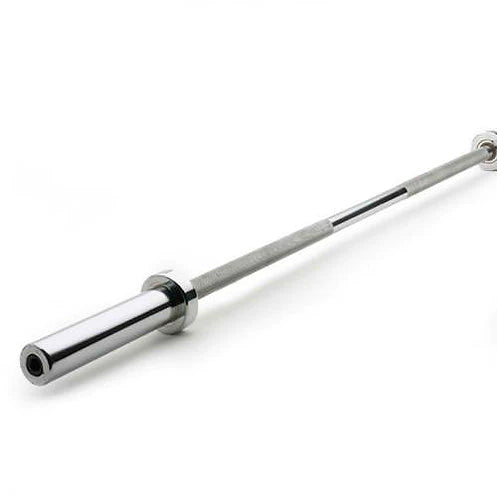 A diagonal arrangement of a long, silver barbell from BefitNow Canadas Elite Starter Package is showcased on a white background. It features knurled grips and shiny collars for securing rubber-coated weight plates.