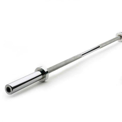 A diagonal arrangement of a long, silver barbell from BefitNow Canadas Elite Starter Package is showcased on a white background. It features knurled grips and shiny collars for securing rubber-coated weight plates.