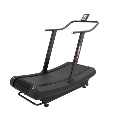 Introducing The Curve Reaper by BefitNow Canada—a black manual curved treadmill with sturdy handrails, a small front display, and a robust running deck. No motor. No mercy. Perfect for commercial cardio and indoor fitness training.