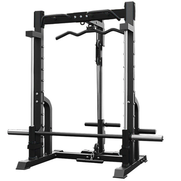 The Mr. Fury Smith Machine by BefitNow Canada is a black and silver gym unit featuring a barbell on vertical rails, adjustable safety spotters, and a pull-up bar for strength training, weightlifting, and resistance exercises.