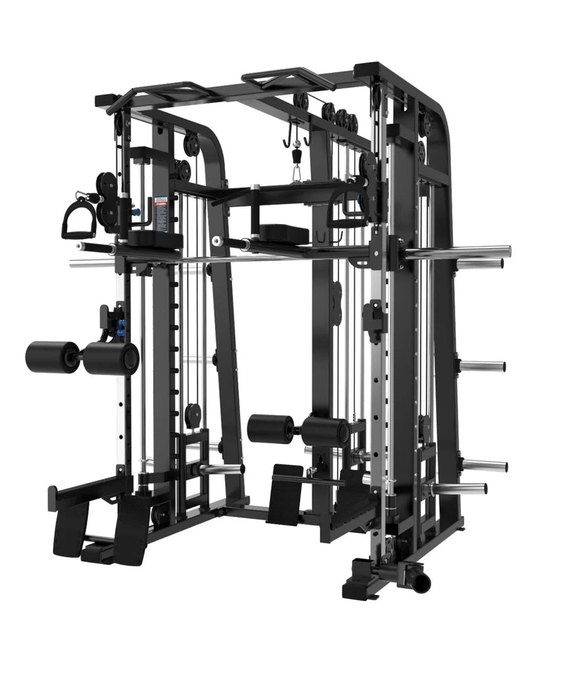 The Befitnow Canada Heavy Duty Smith Machine features pulleys, cables, weight stacks, bars, multiple attachments, and a black frame with silver accents for comprehensive strength training.
