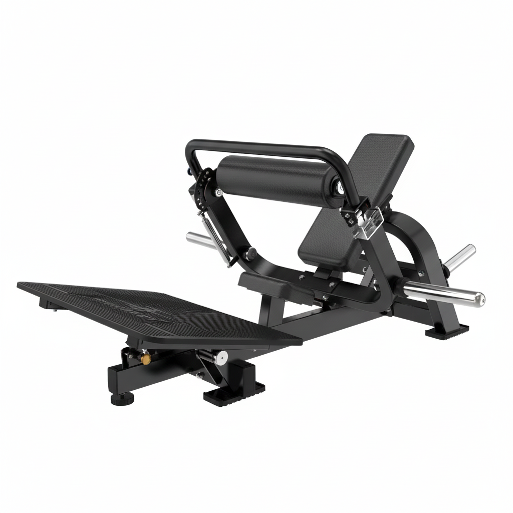 The BefitNow Canada TM118 Hip Glute is a black, adjustable gym machine for leg and glute exercises, featuring a padded backrest, cylindrical support pad, large footplate, metal handles, and measuring 69"x58"x31".