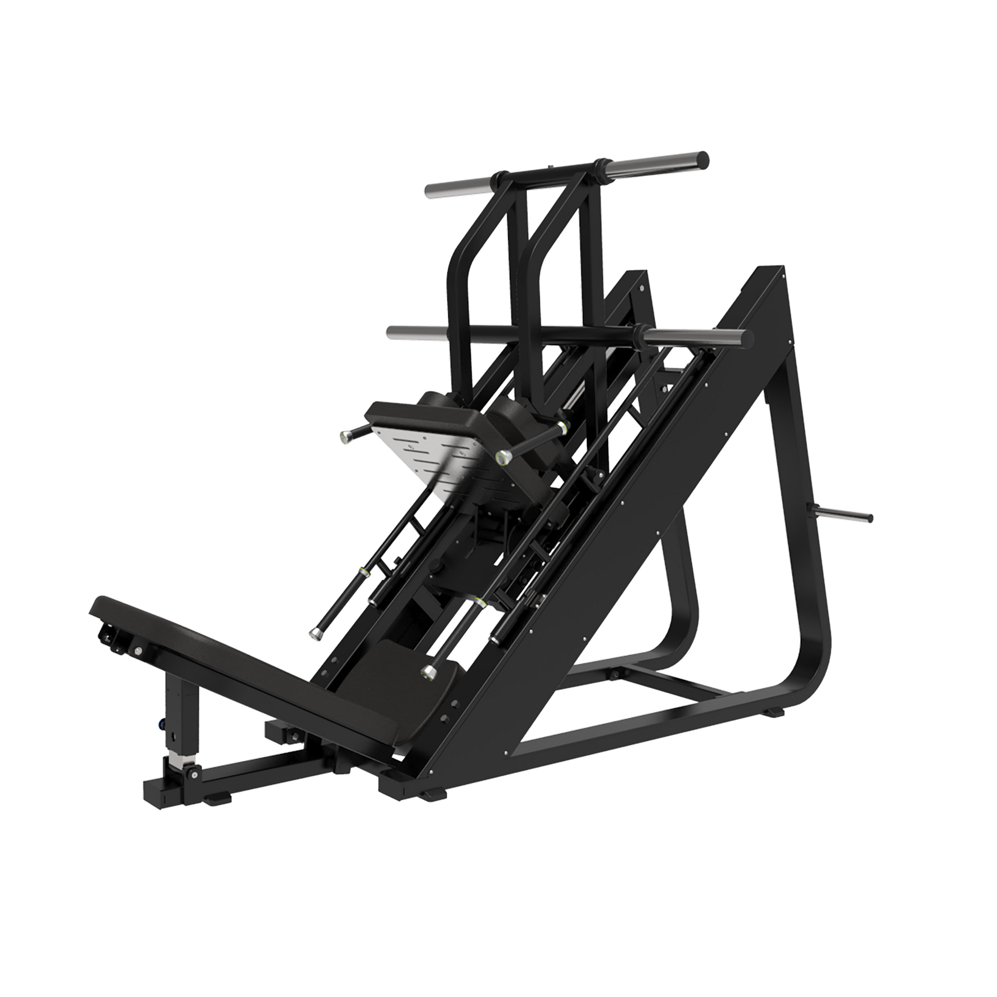 The BefitNow Canada 45 Degree Leg Press Hack Squat is a black machine with angled design, metal handles, footplate, and weight storage posts, measuring 93"x65"x57" and weighing 560 lbs. Photographed on a white background.