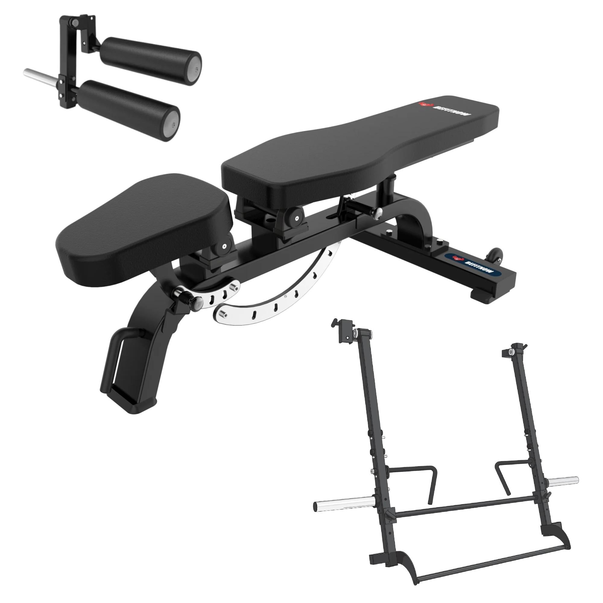 The BefitNow Canada TB Super Heavy Duty Bench features black padding, leg extension, jammer arms, and a separate black squat rack with barbell holders and safety supports, all set against a white background.