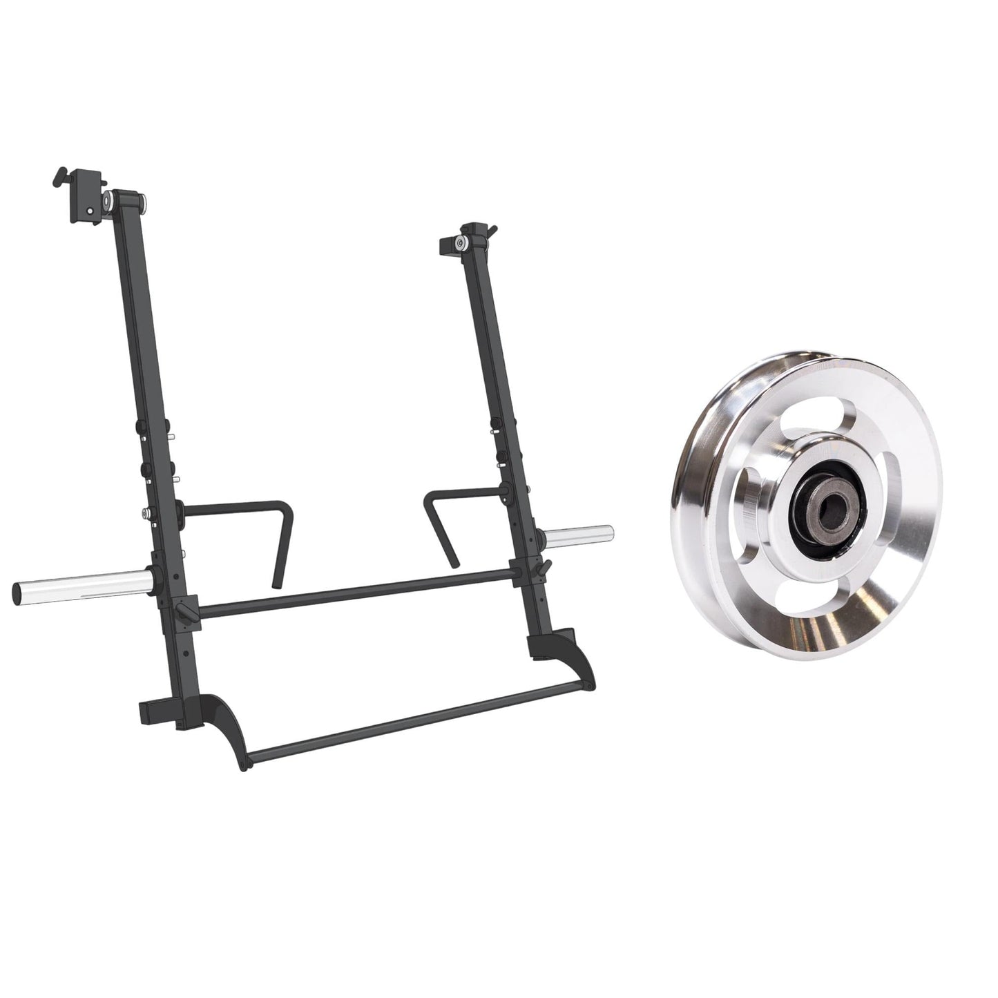 The BefitNow Canada Aluminum Pulley Upgrade and Jammer Arms are shown with two upright supports and a silver barbell weight plate on a white background.