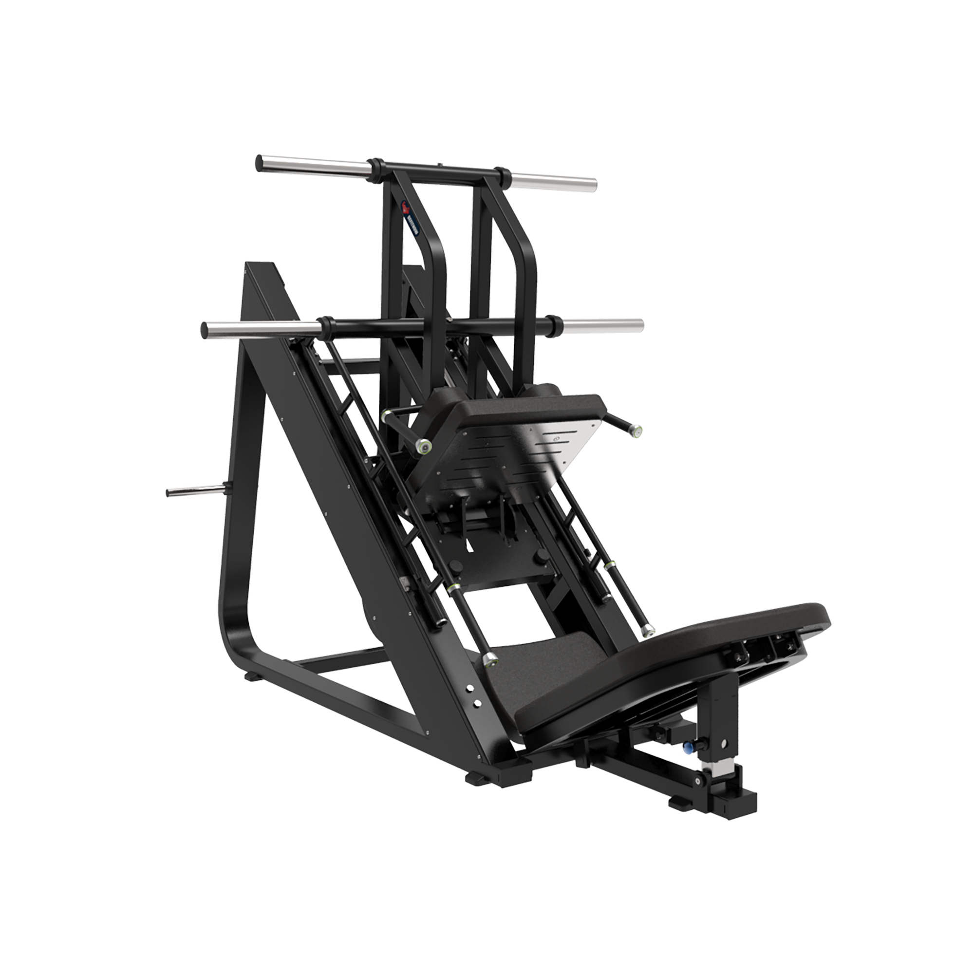 The BefitNow Canada TB59 45 Degree Leg Press/Hack Slide is a black weightlifting machine with an angled backrest, footplate, and handles. Its sturdy metal frame includes bar holders and supports lower body workouts with high capacity and optimal dimensions.