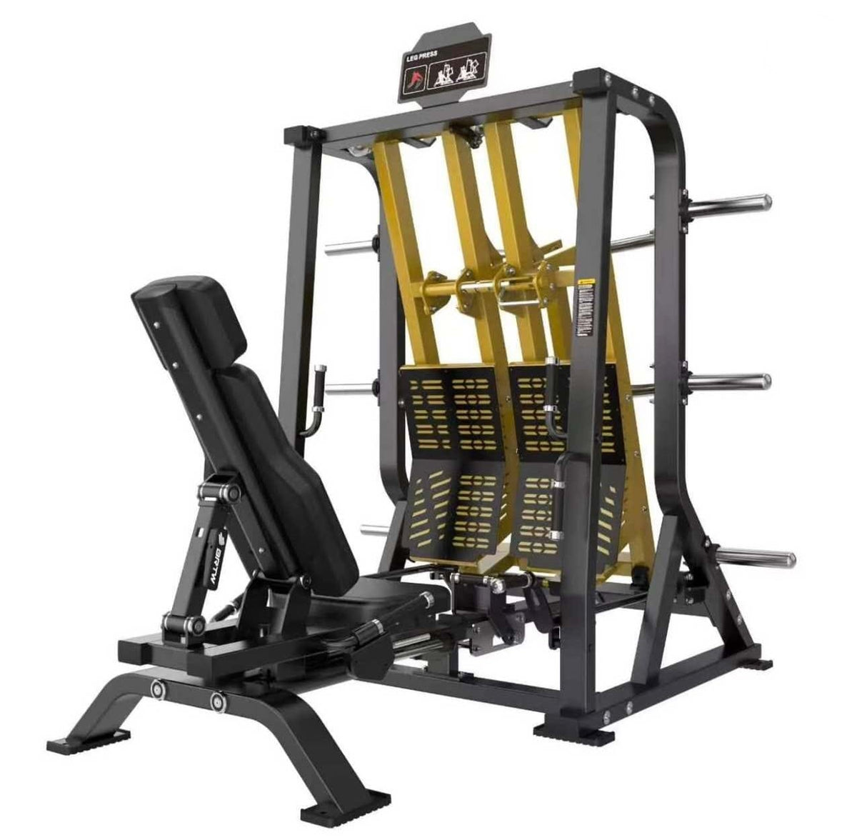 BefitNow Canada ISO Lateral Leg Press featuring an adjustable seat and two independent gold-colored footplates.